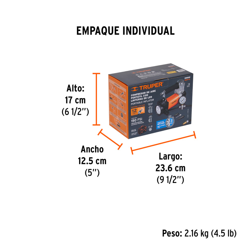 Compresor de aire portátil 12 V para auto con maletín modelo COMP-12 - Carzamo.com