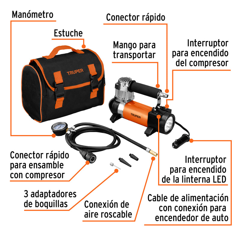 Compresor de aire portátil 12 V para auto con maletín modelo COMP-12 - Carzamo.com