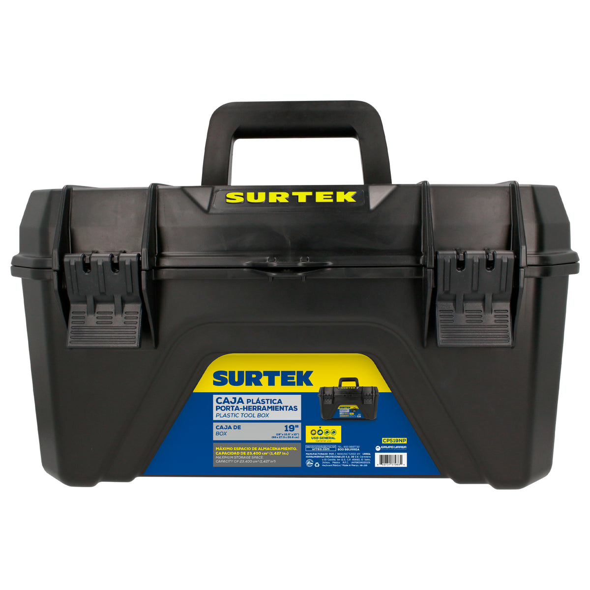 Caja portaherramientas plásticas con broches plásticos negro19" x 10" Surtek