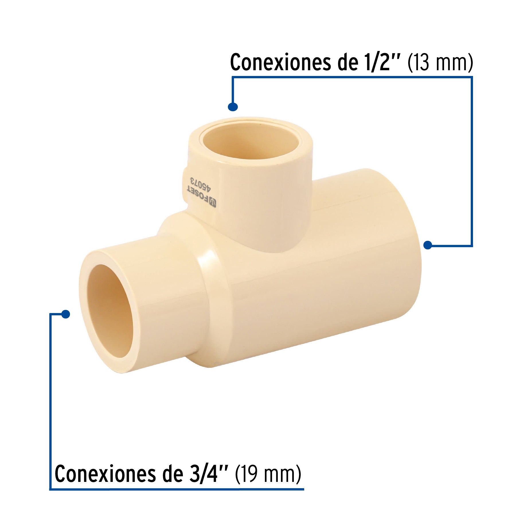 Foset Hidroflow CPVC-723, Tee reducida de CPVC, 3/4″ x 1/2″ x 1/2″