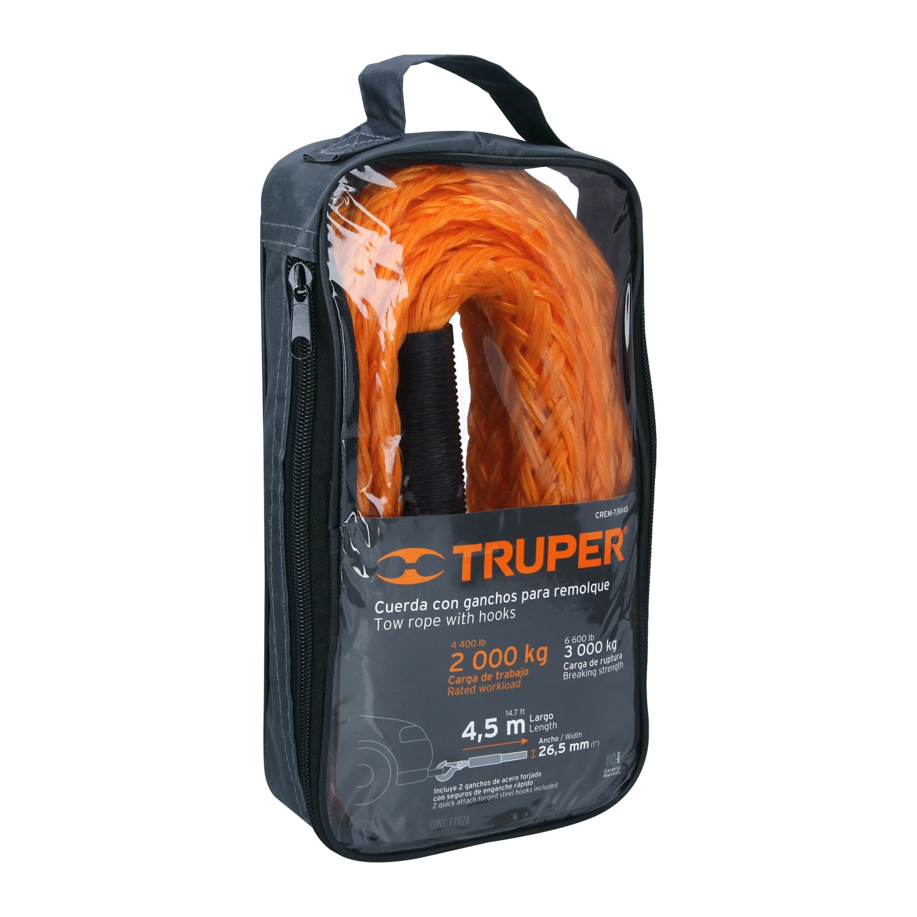 Cuerda con ganchos para remolque, 27 mm x 4.5 m, TRUPER CREM-7/8X45