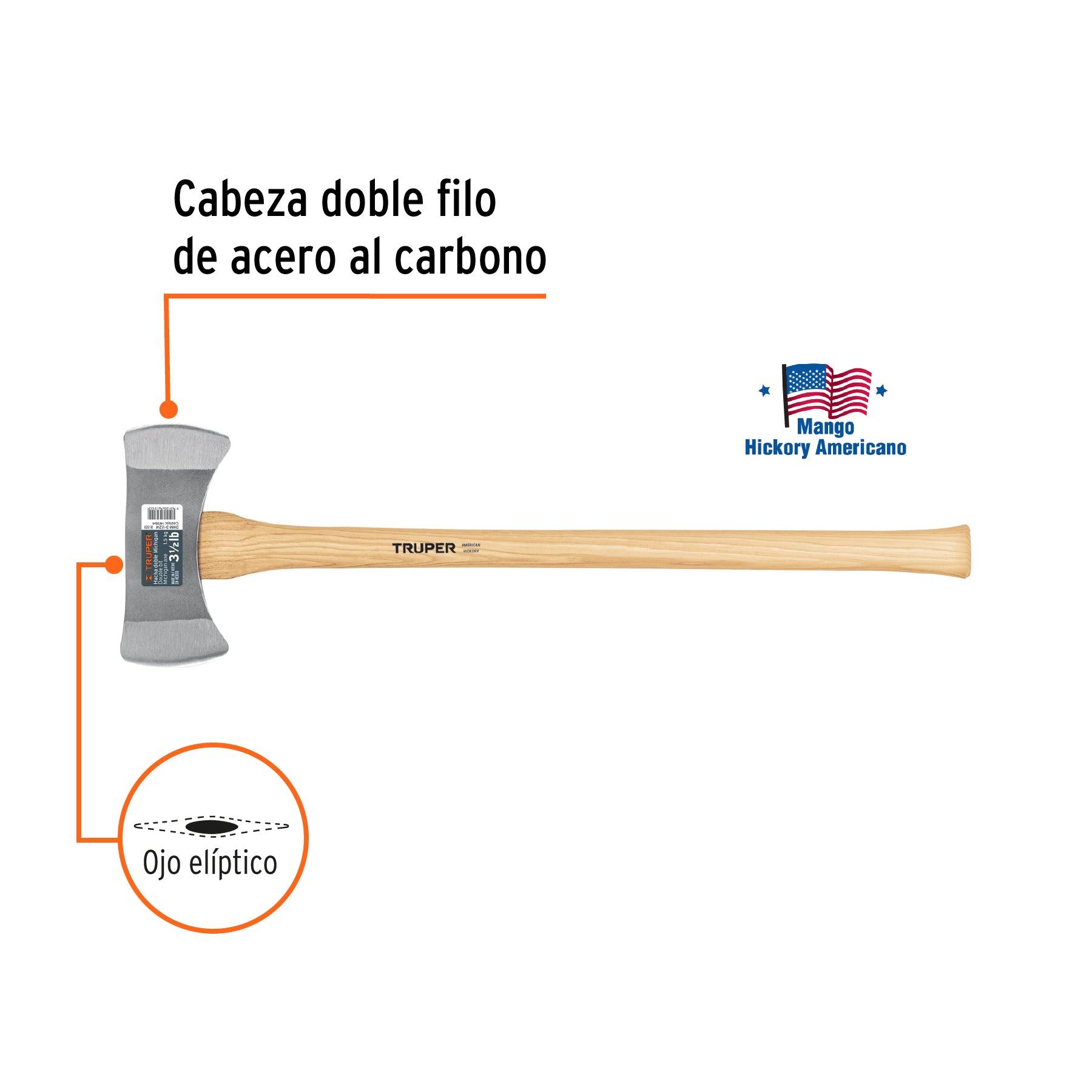Truper DHM-3-1/2M, Hacha doble Michigan 3-1/2 lbs, mango de Hickory, 35″
