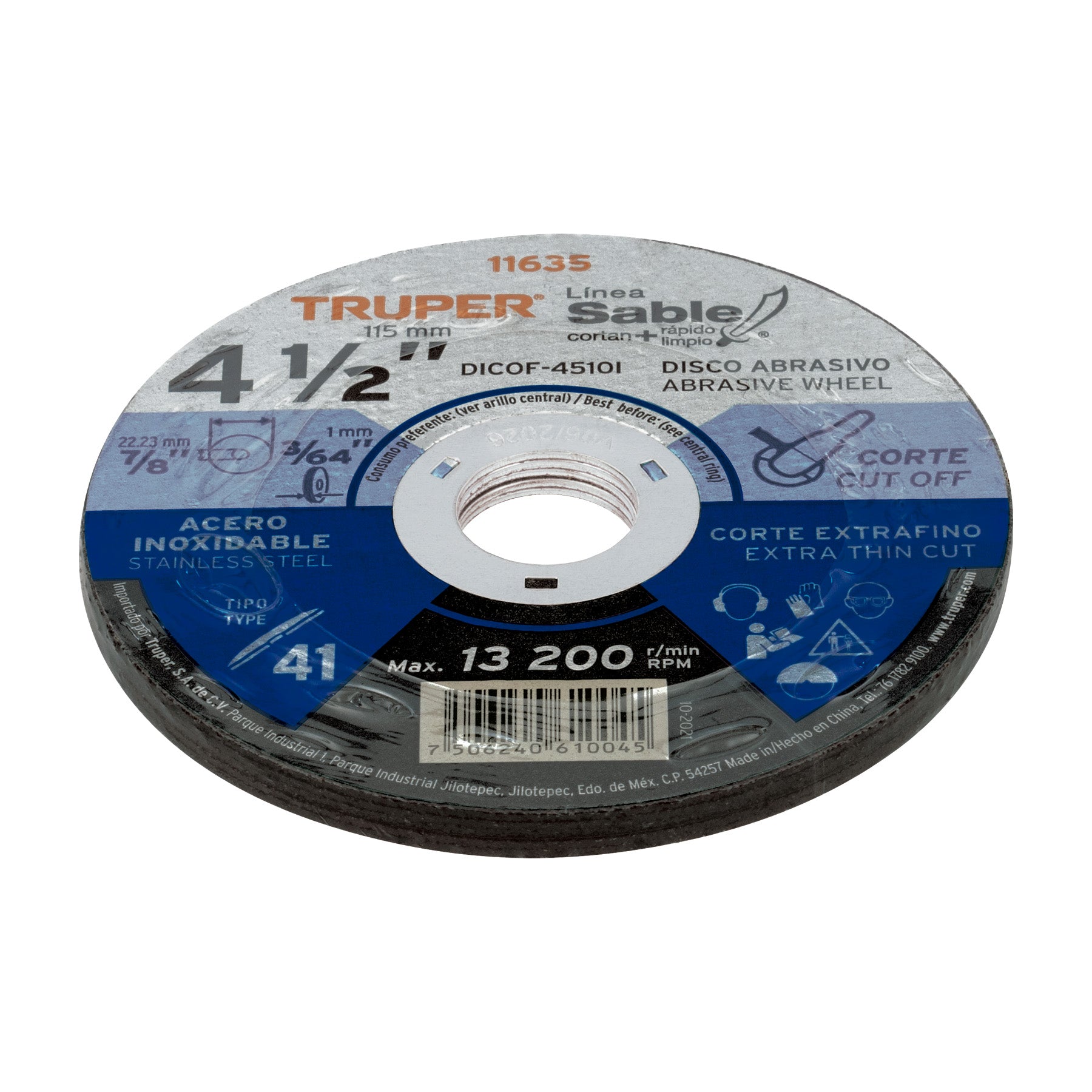 Truper DICOF-4510I, Disco Tipo 41 de 4-1/2″ x 1 mm corte fino acero inoxidable, Sable