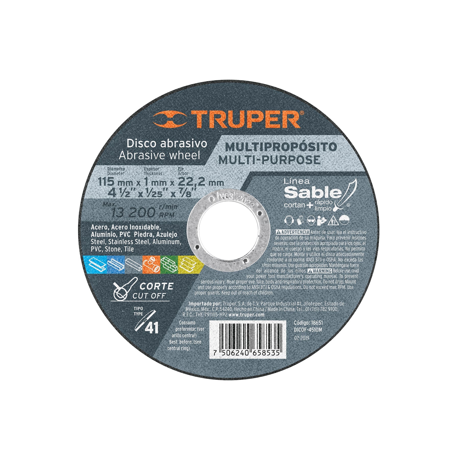 Truper DICOF- 4510M Disco Tipo 1 para corte multipropósito Línea Sable 4-1/2″, color, pack of/paquete de 1