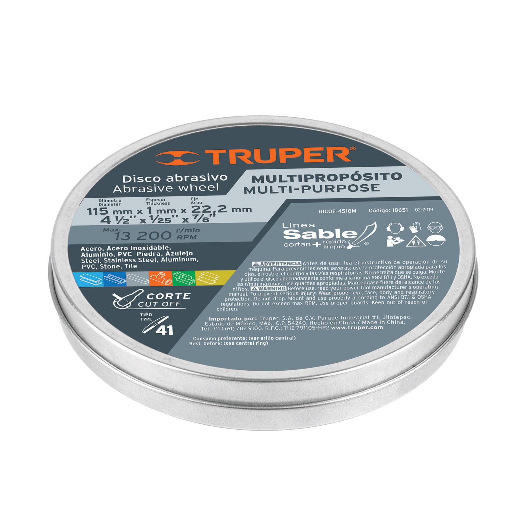 Truper DICOF- 4510M Disco Tipo 1 para corte multipropósito Línea Sable 4-1/2″, color, pack of/paquete de 1