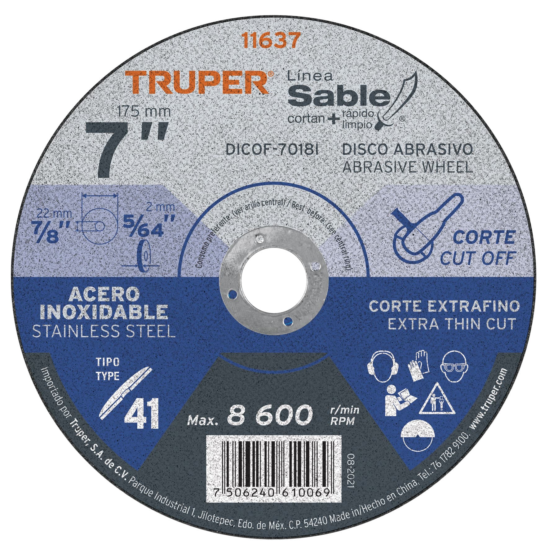 Truper DICOF-7018I, Disco Tipo 41 de 7″ x 1.8 mm corte fino acero inoxidable, Sable