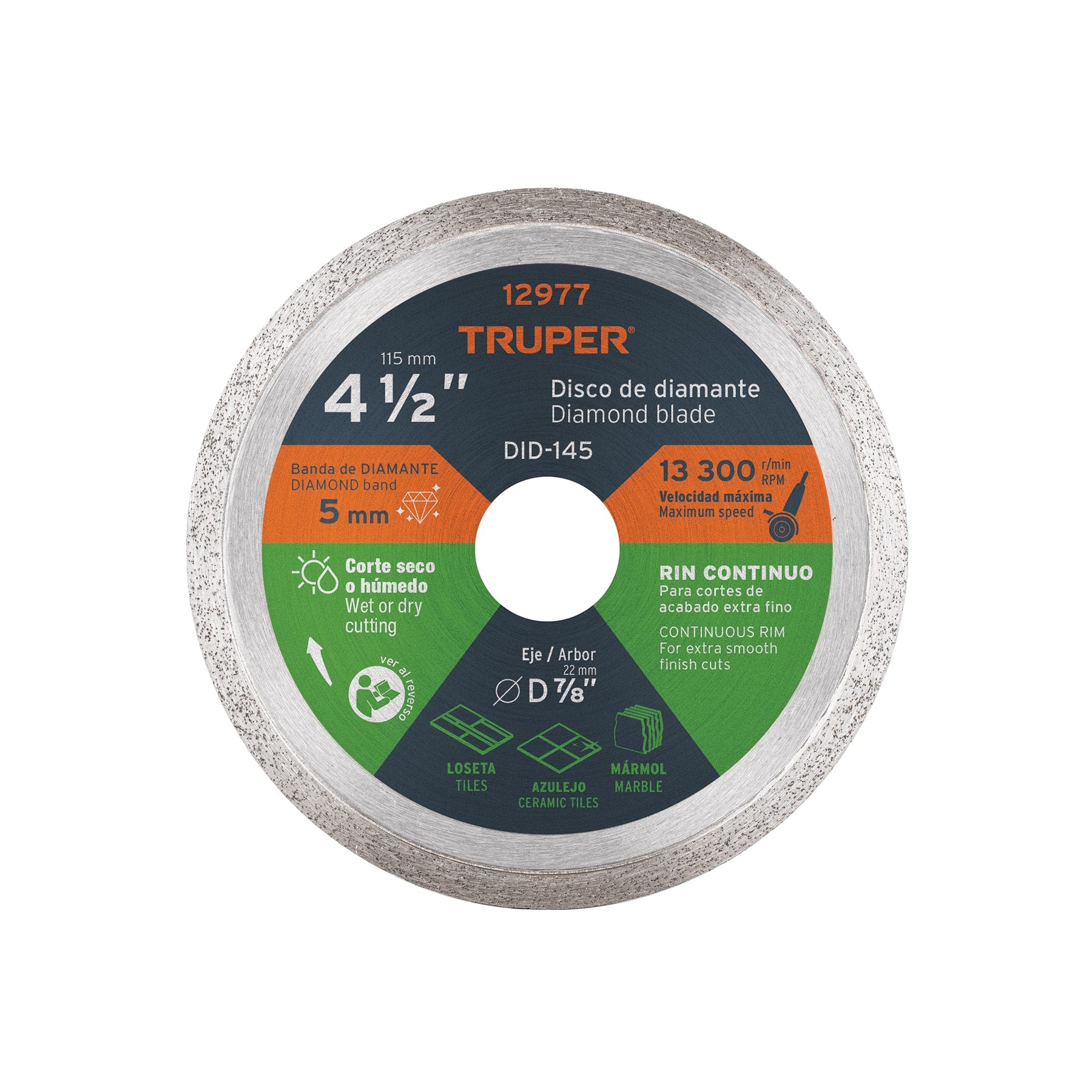 Truper DID-145, Disco de diamante de 4-1/2″ x 1.6 mm, rin continuo
