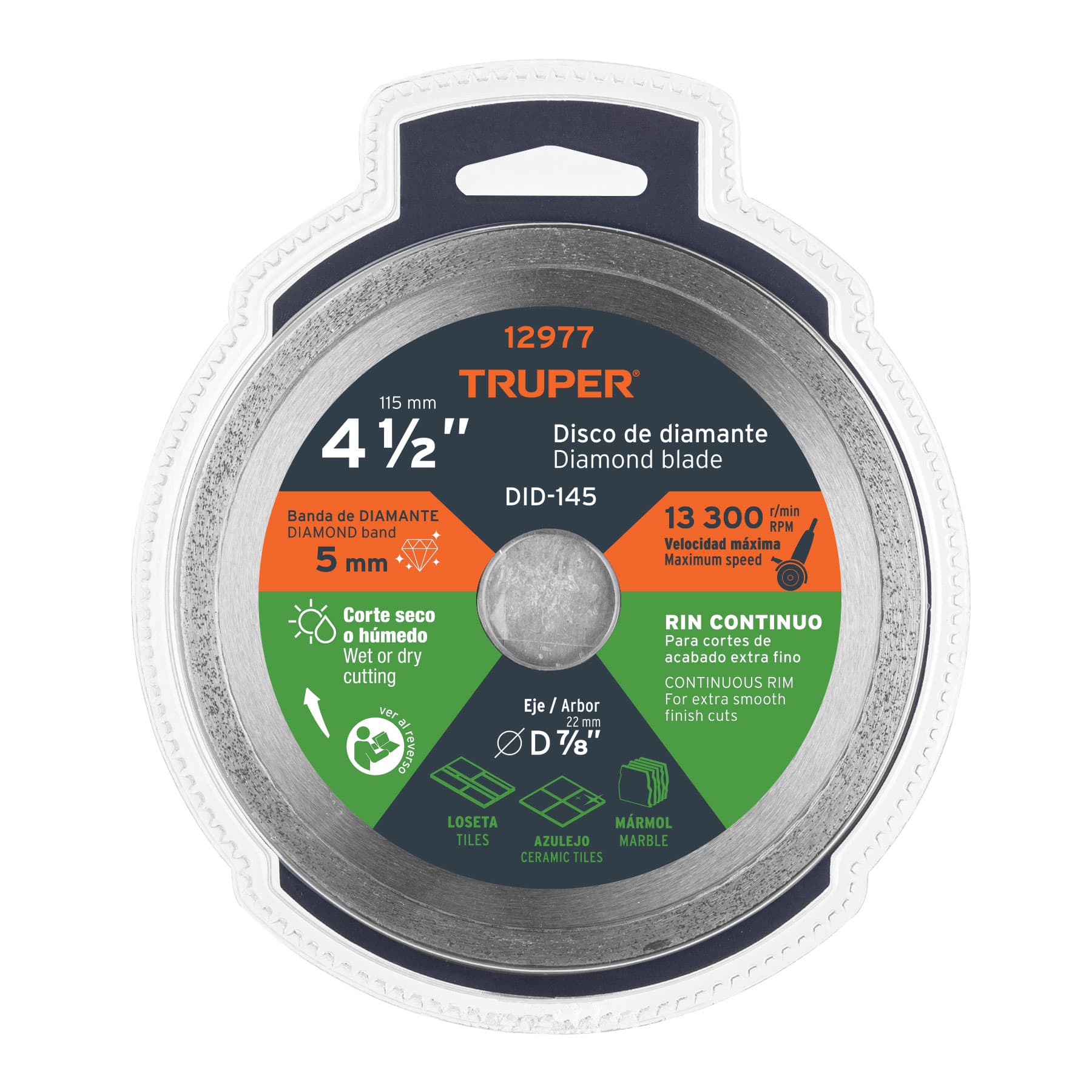 Truper DID-145, Disco de diamante de 4-1/2″ x 1.6 mm, rin continuo