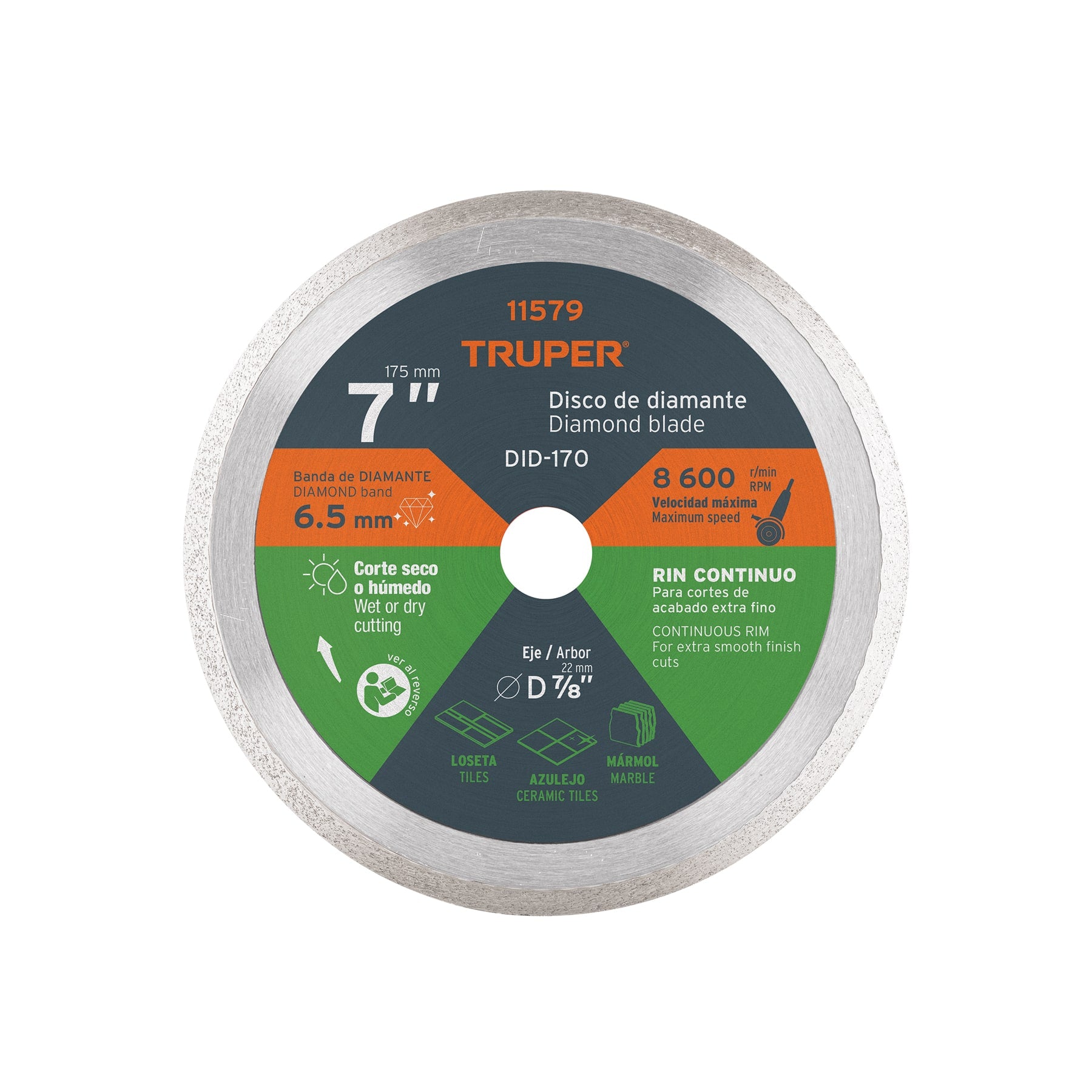Truper DID-170, Disco de diamante de 7″ x 2.2 mm, rin continuo