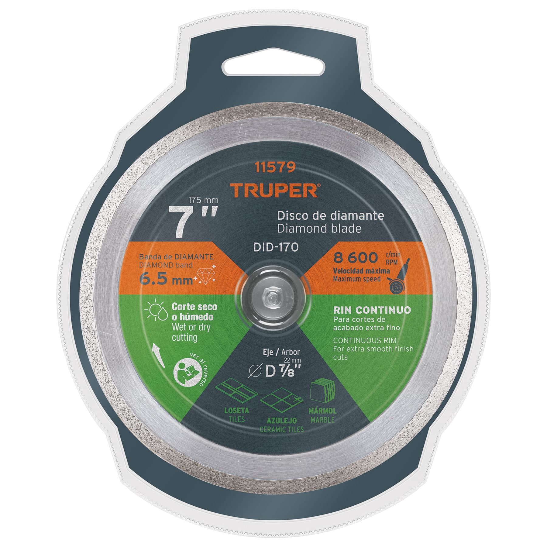 Truper DID-170, Disco de diamante de 7″ x 2.2 mm, rin continuo