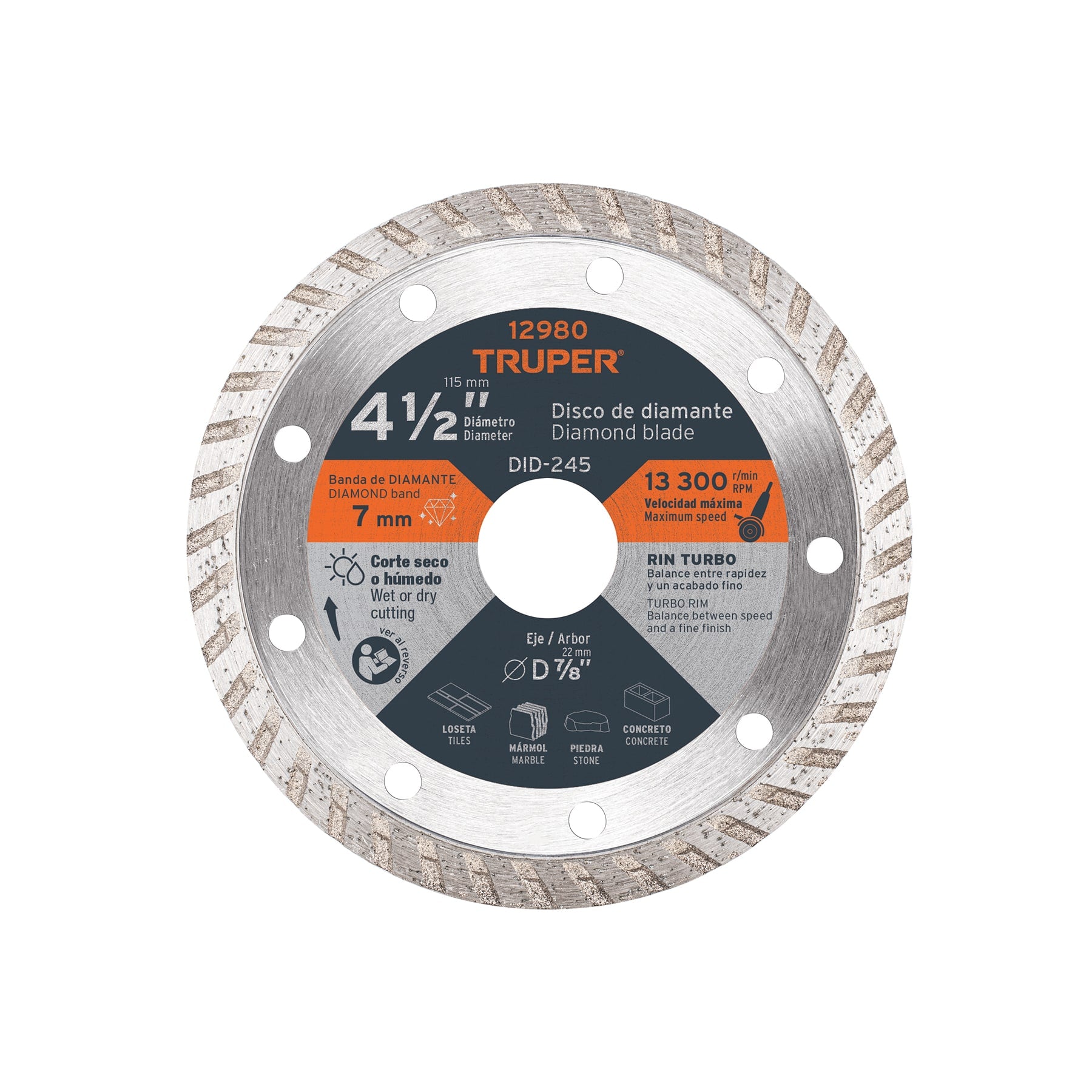 Truper DID-245, Disco de diamante de 4-1/2″ x 2.2 mm, rin turbo
