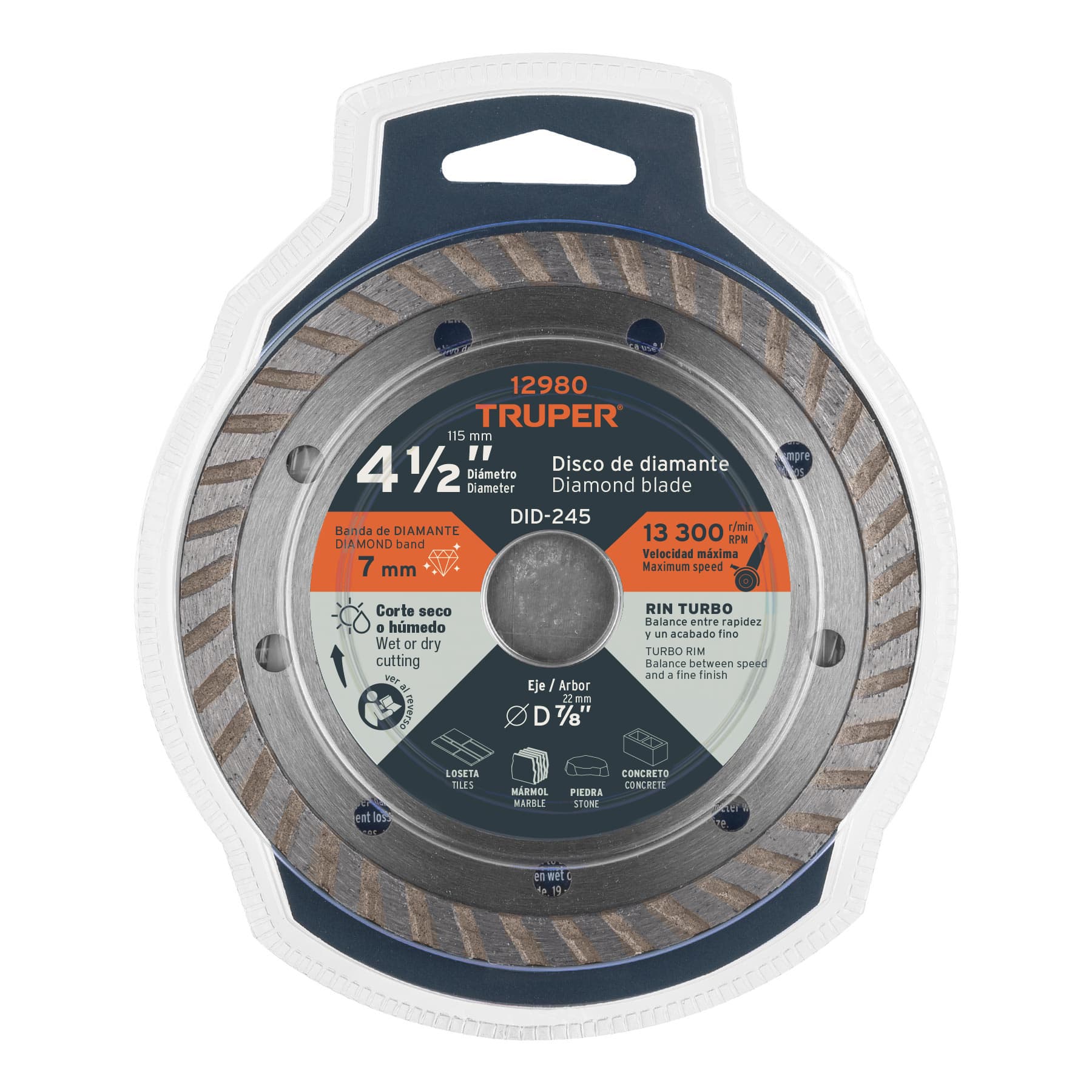 Truper DID-245, Disco de diamante de 4-1/2″ x 2.2 mm, rin turbo