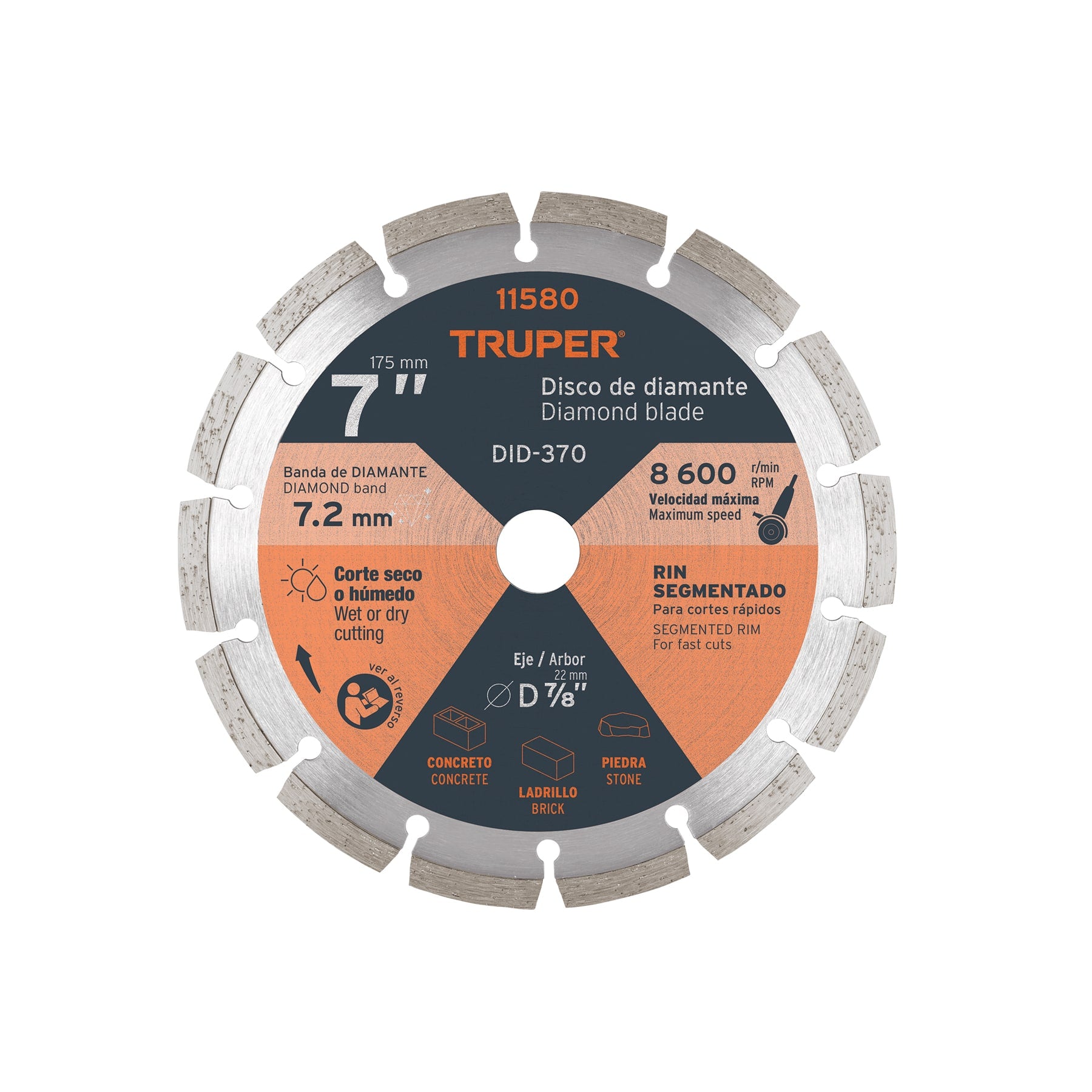 Truper DID-370, Disco de diamante de 7″ x 2.5 mm, rin segmentado