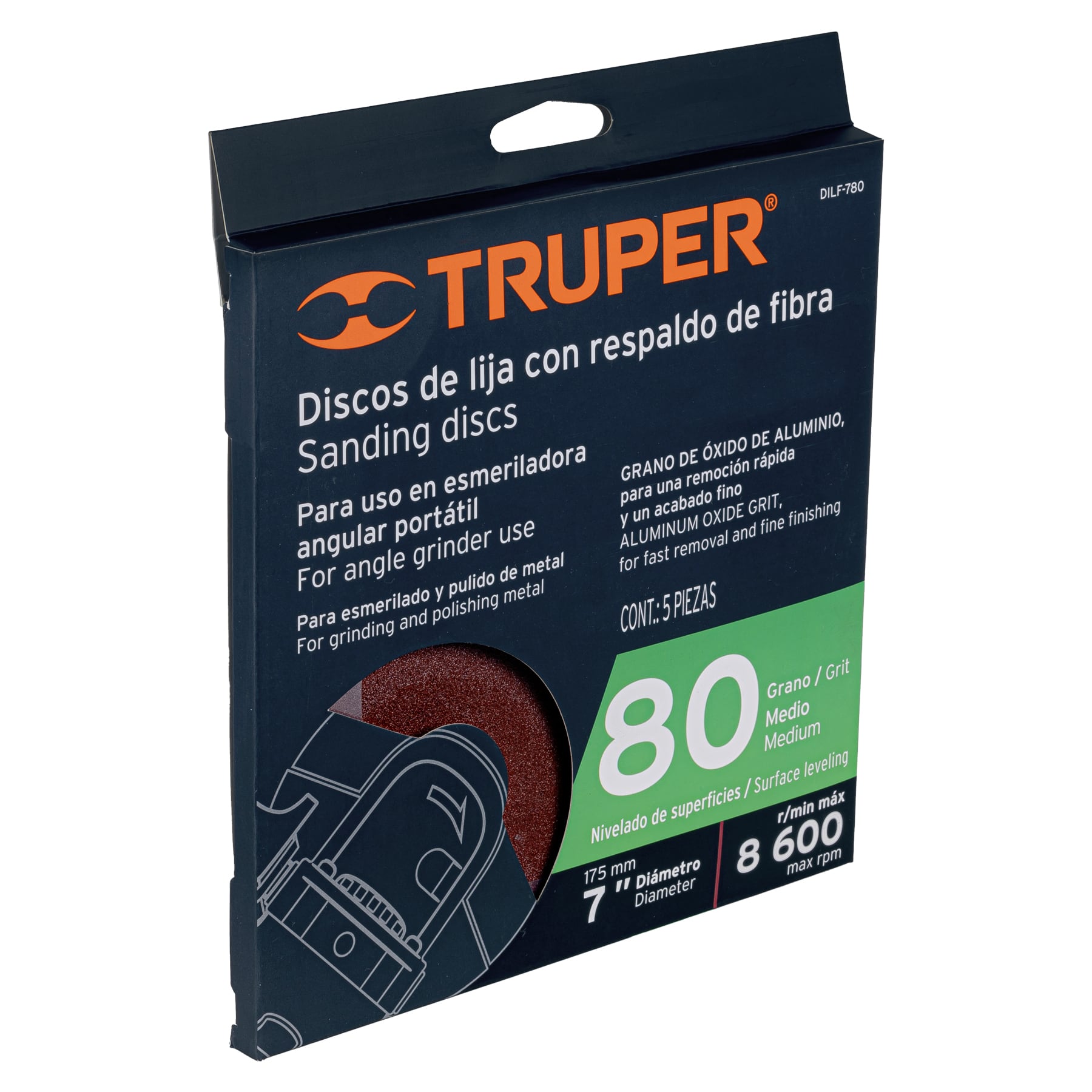 Truper DILF-780, Disco de lija de 7″ con respaldo de fibra grano 80