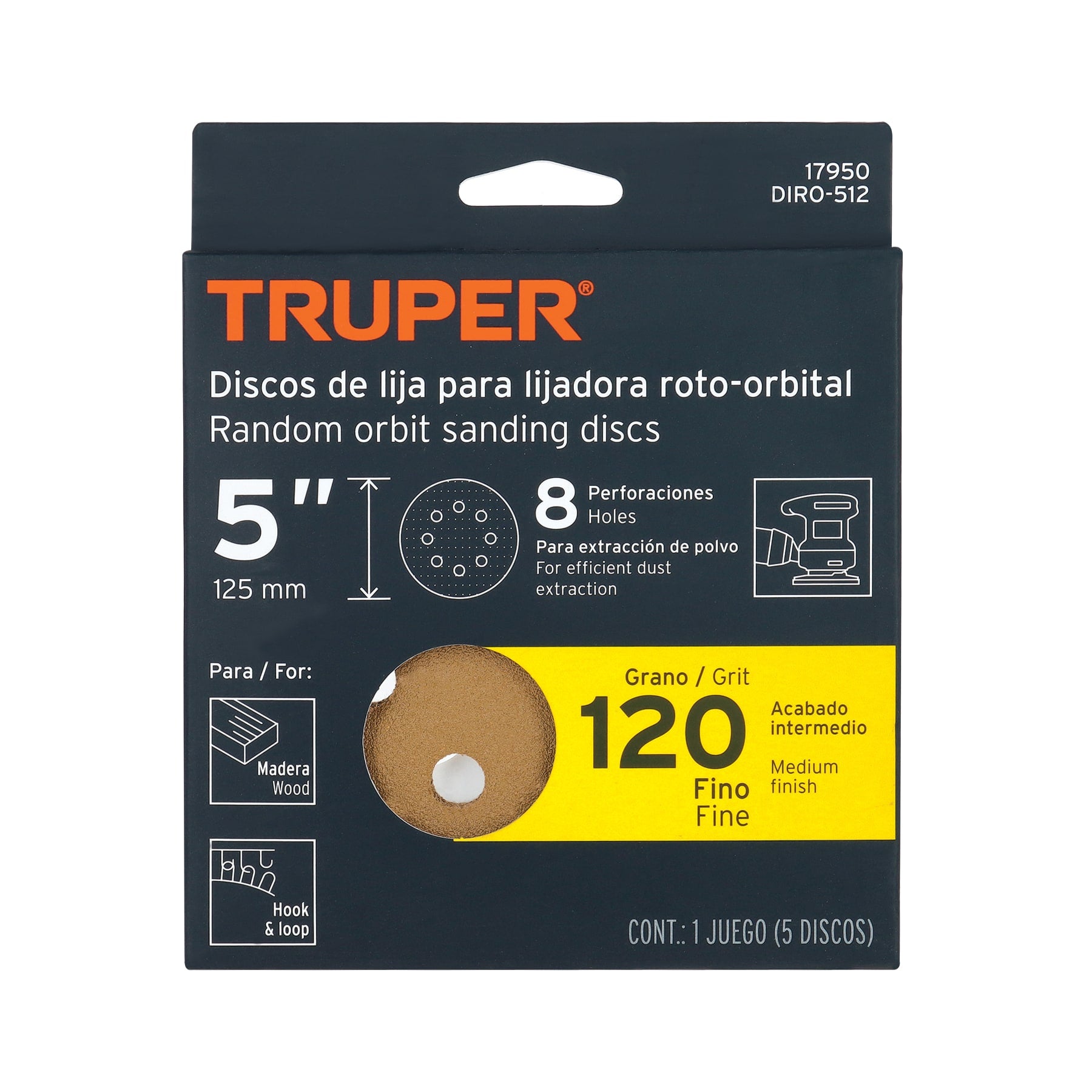 Truper DIRO-512, Disco de lija roto orbital 5″, grano 120, 8 orificios