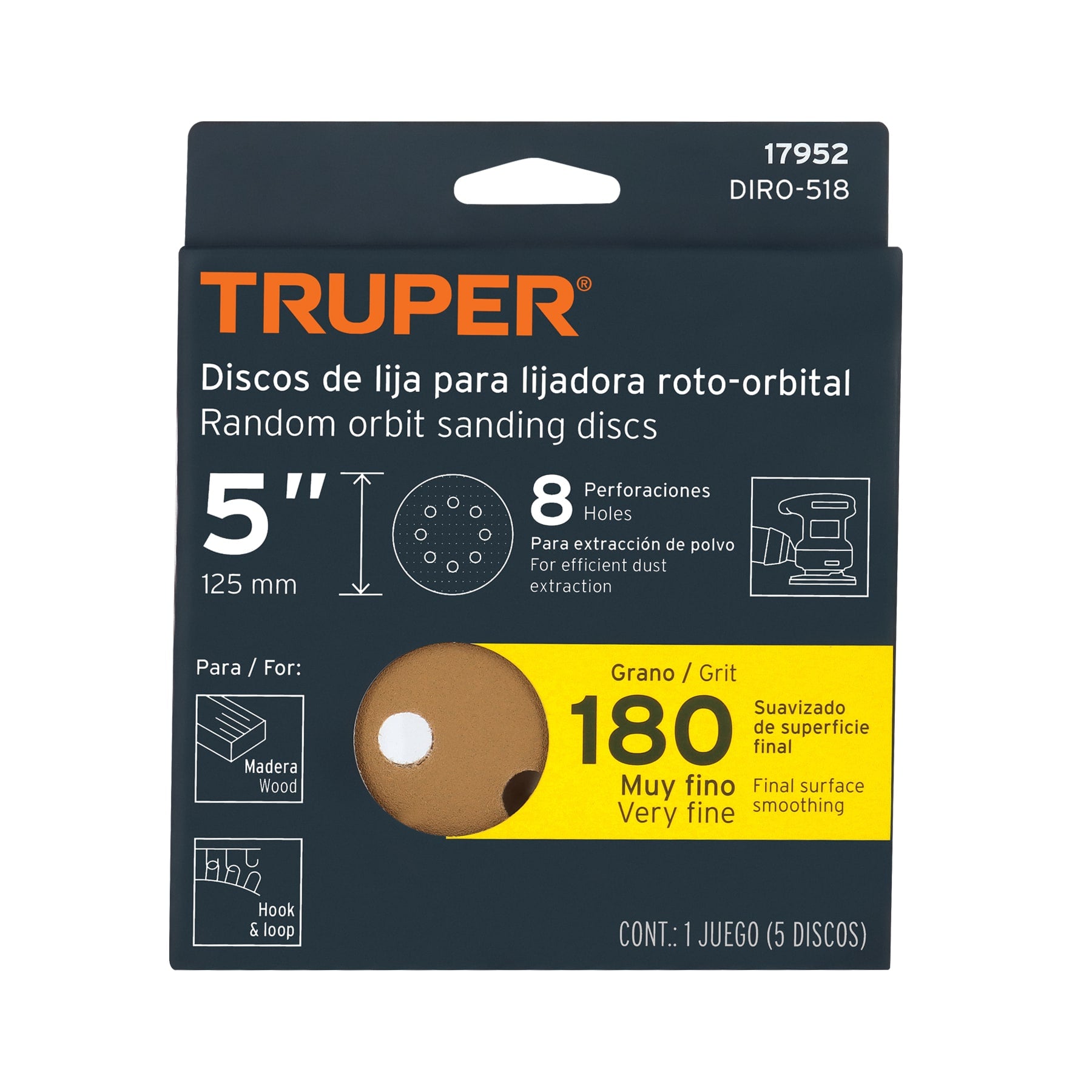 Truper DIRO-518, Disco de lija roto orbital 5″, grano 180, 8 orificios