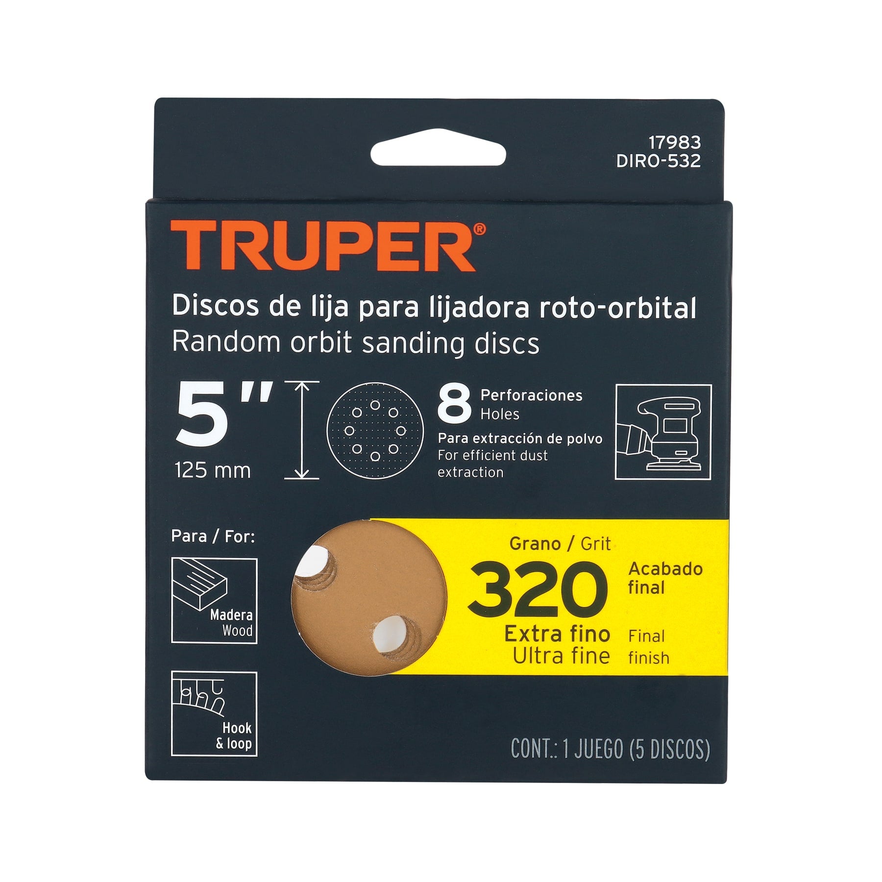 Truper DIRO-532, Disco de lija roto orbital 5″, grano 320, 8 orificios