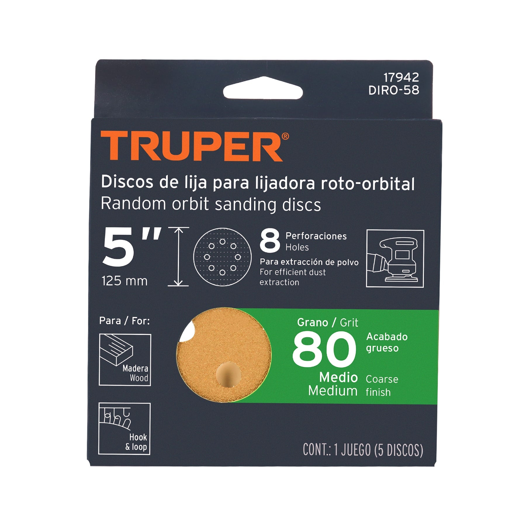 Truper DIRO-58, Disco de lija roto orbital 5″, grano 80, 8 orificios