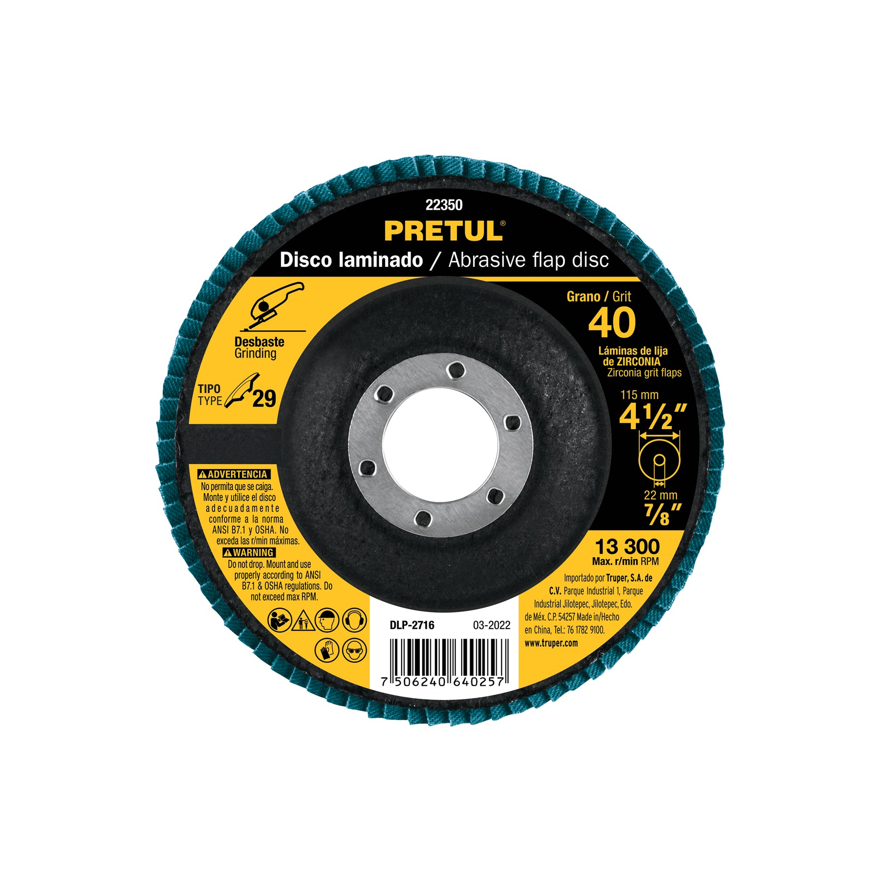 Pretul DLP-2716, Disco laminado, diámetro 4 1/2″, 7/8″, grano 40