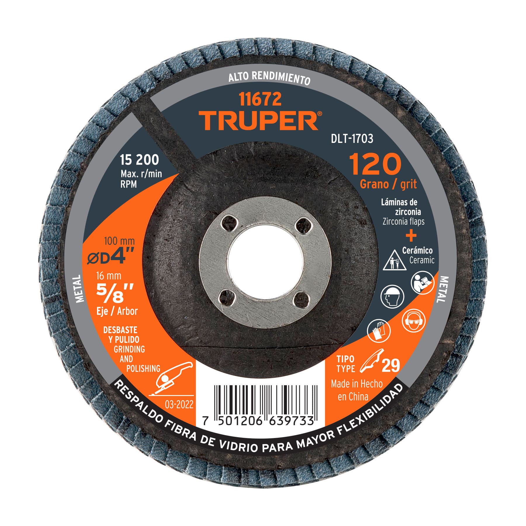 Truper DLT-1703, Disco laminado, alto rendimiento, diámetro 4″, 5/8″, grano 120
