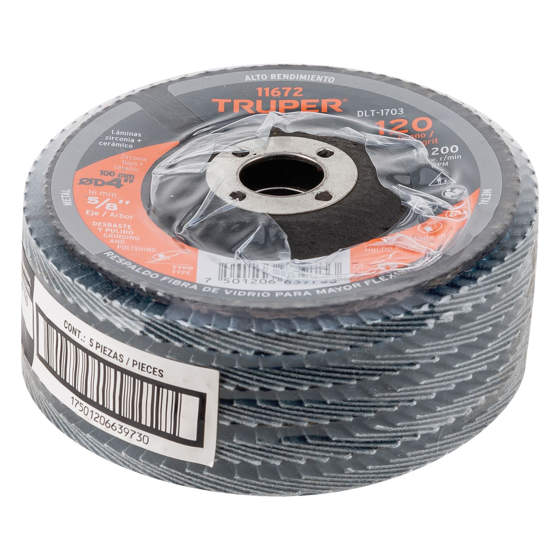 Truper DLT-1703, Disco laminado, alto rendimiento, diámetro 4″, 5/8″, grano 120