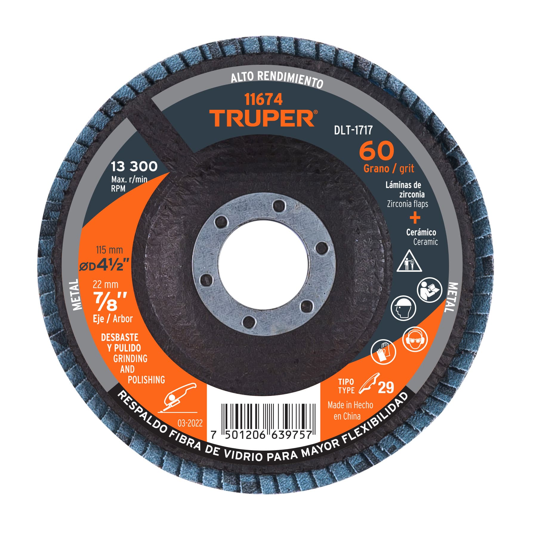 Truper DLT-1717, Disco laminado, alto rendimiento, diámetro 4 1/2″, 7/8″, grano 60