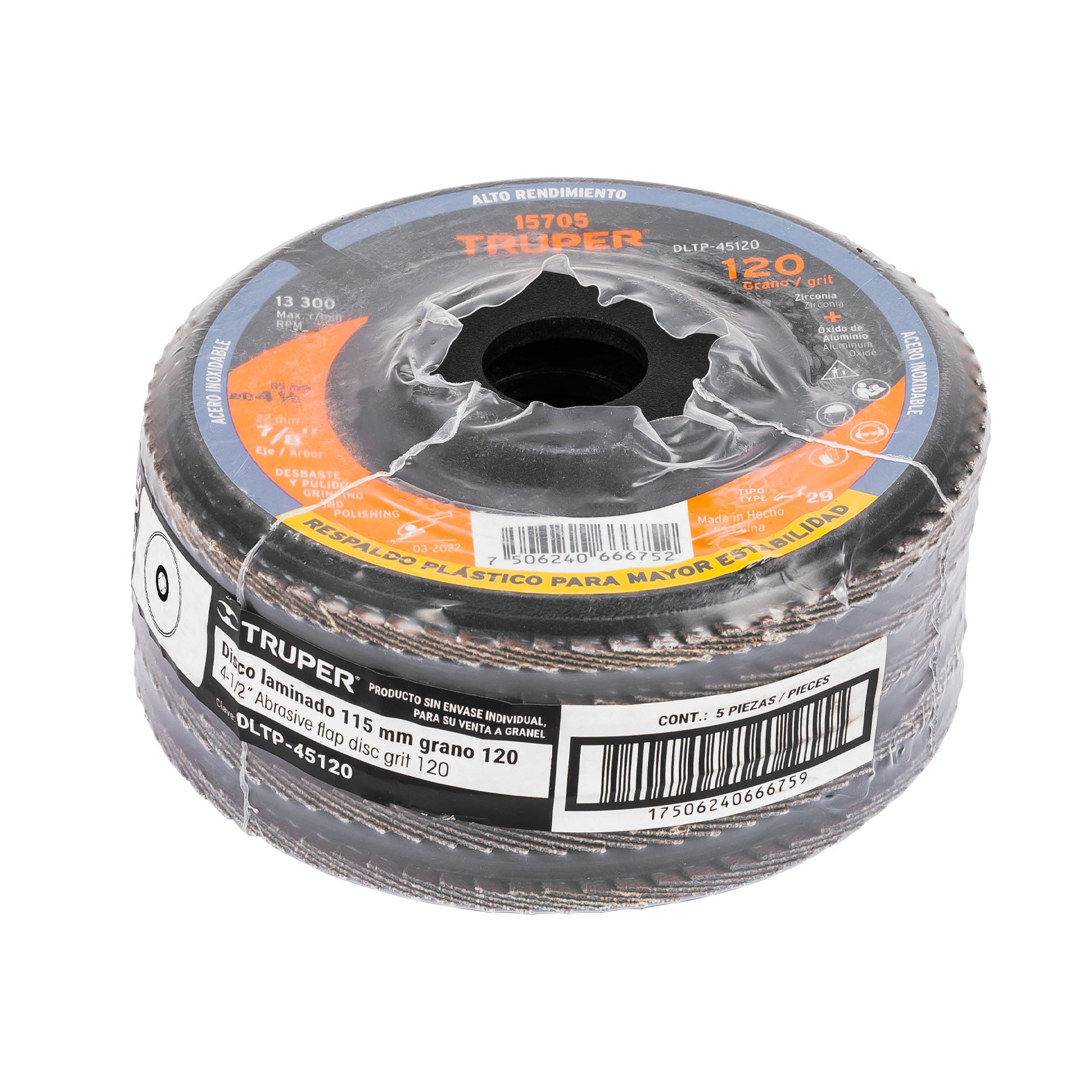 Truper DLTP-45120, Disco 4-1/2″ laminado respaldo plástico grano 120 centro 7/8″