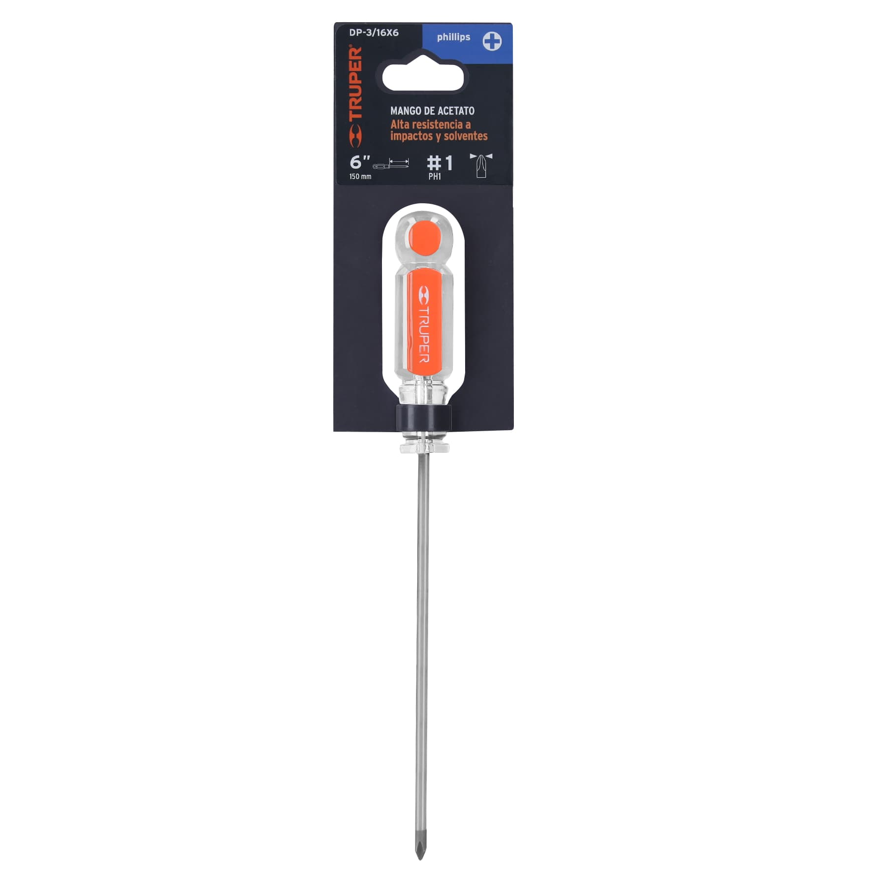 Truper DP-3/16X6, Desarmador de cruz, mango de acetato, 3/16″ x 6″