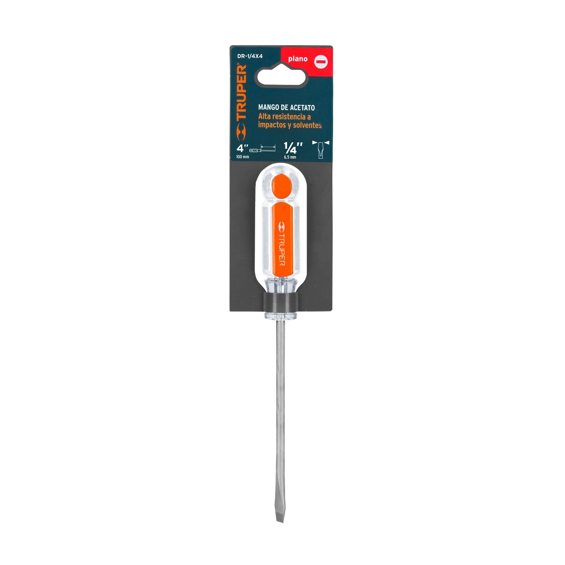 Truper DR-1/4X4, Desarmador plano, mango de acetato, 1/4″ x 4″