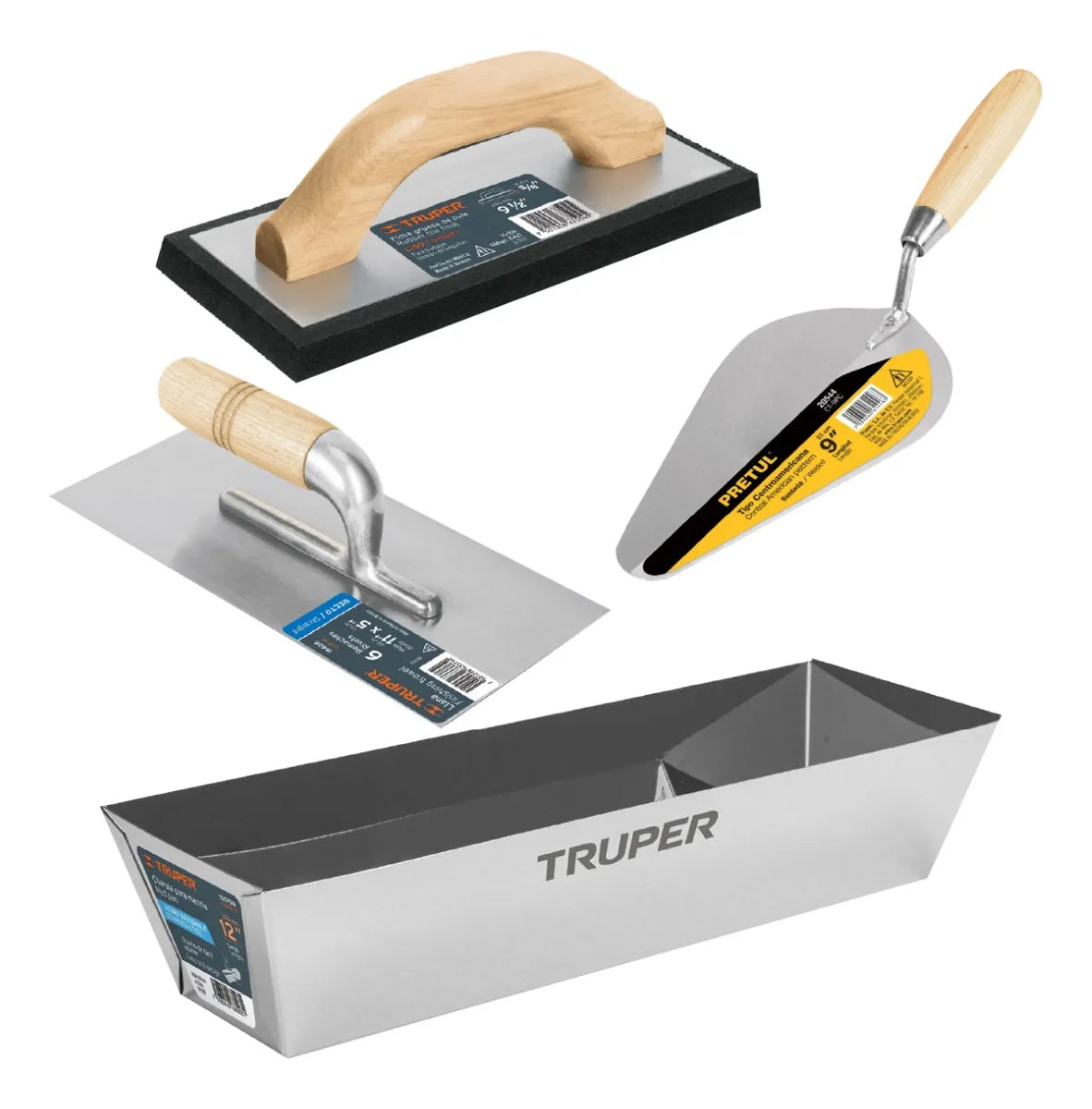 Kit Albañil Profesional 4 Piezas Truper y Pretul | Llana, Flota, Charola y Cuchara