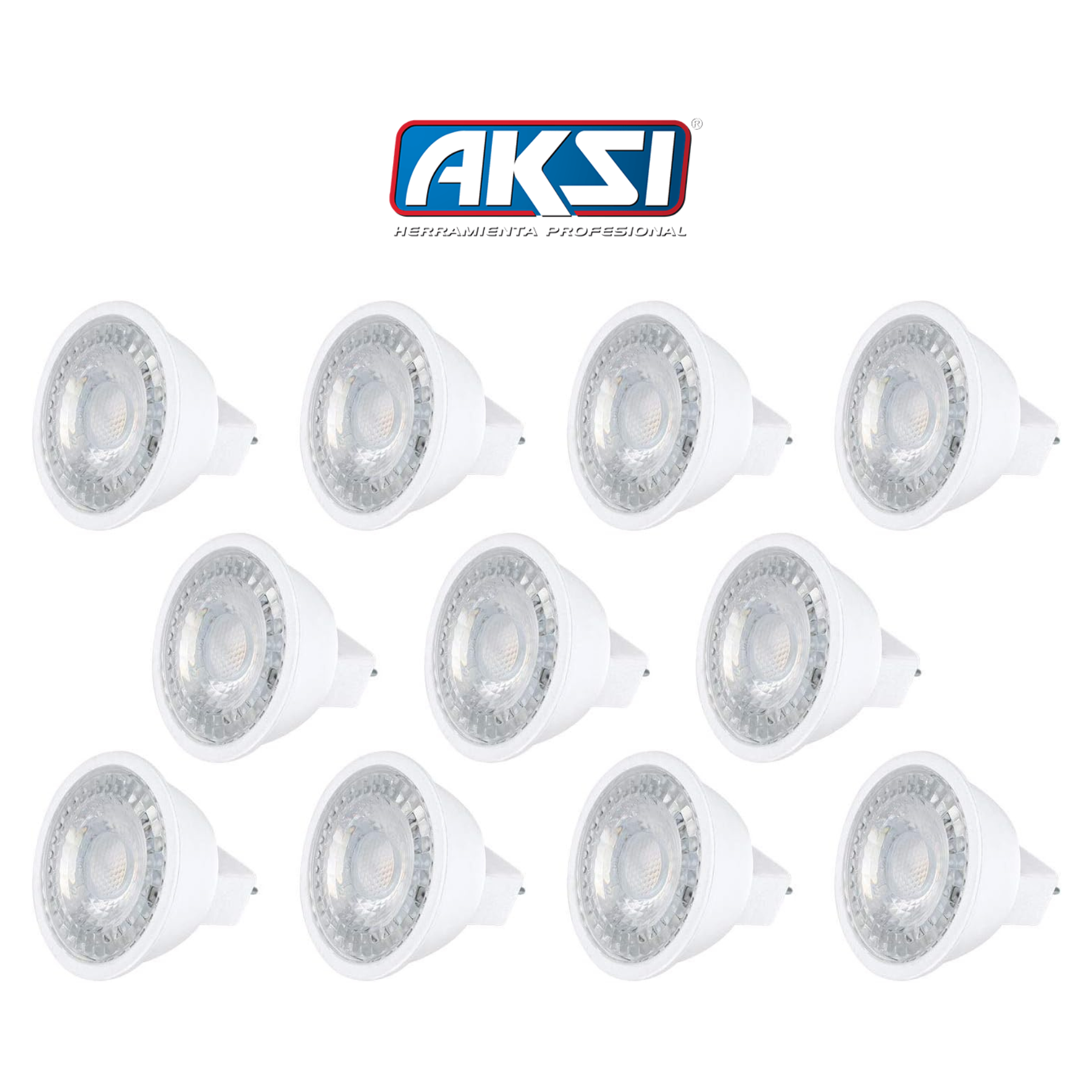 Pack 10 Focos LED AKSI MR16 GU5.3, Equivalente a 55W (480 lm - Lúmenes), Consume 7W (vatios), LUZ CÁLIDA 3000K, 127V - Carzamo.com
