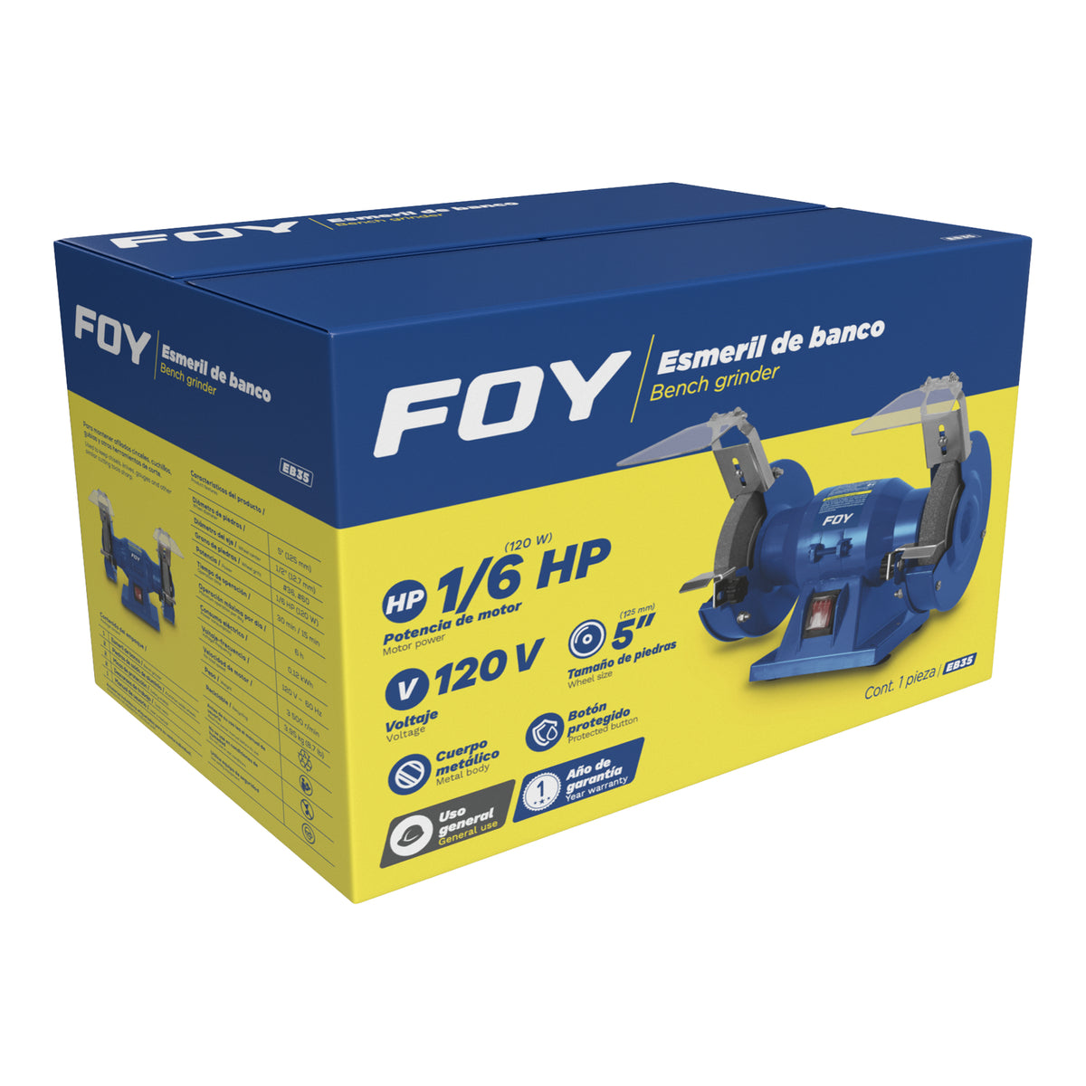 Esmeril de banco motor silencioso de inducción 5" 120 W 120 V, 3500 RPM Foy
