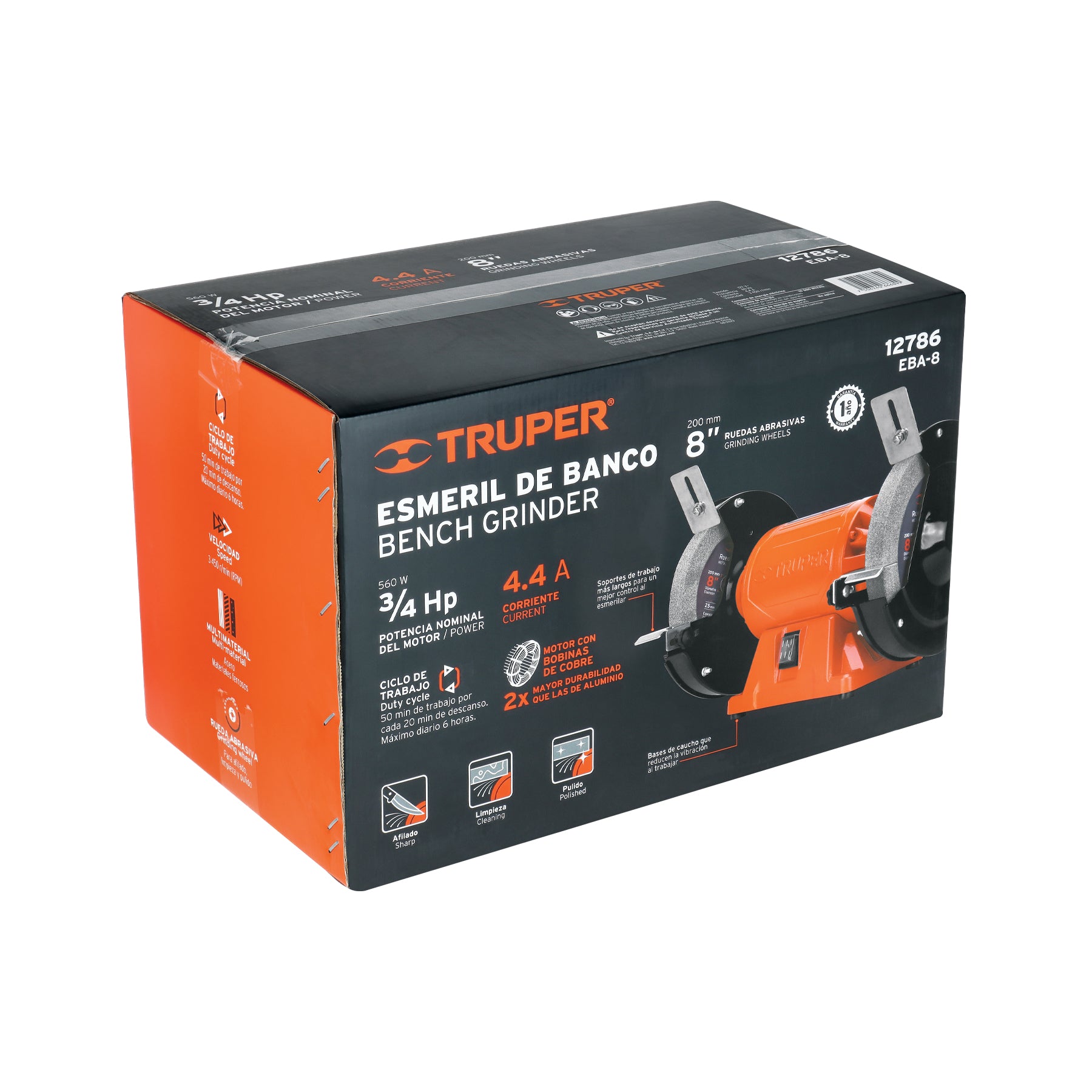 Esmeril de banco de 8" de 3/4 HP (560 W), TRUPER EBA-8