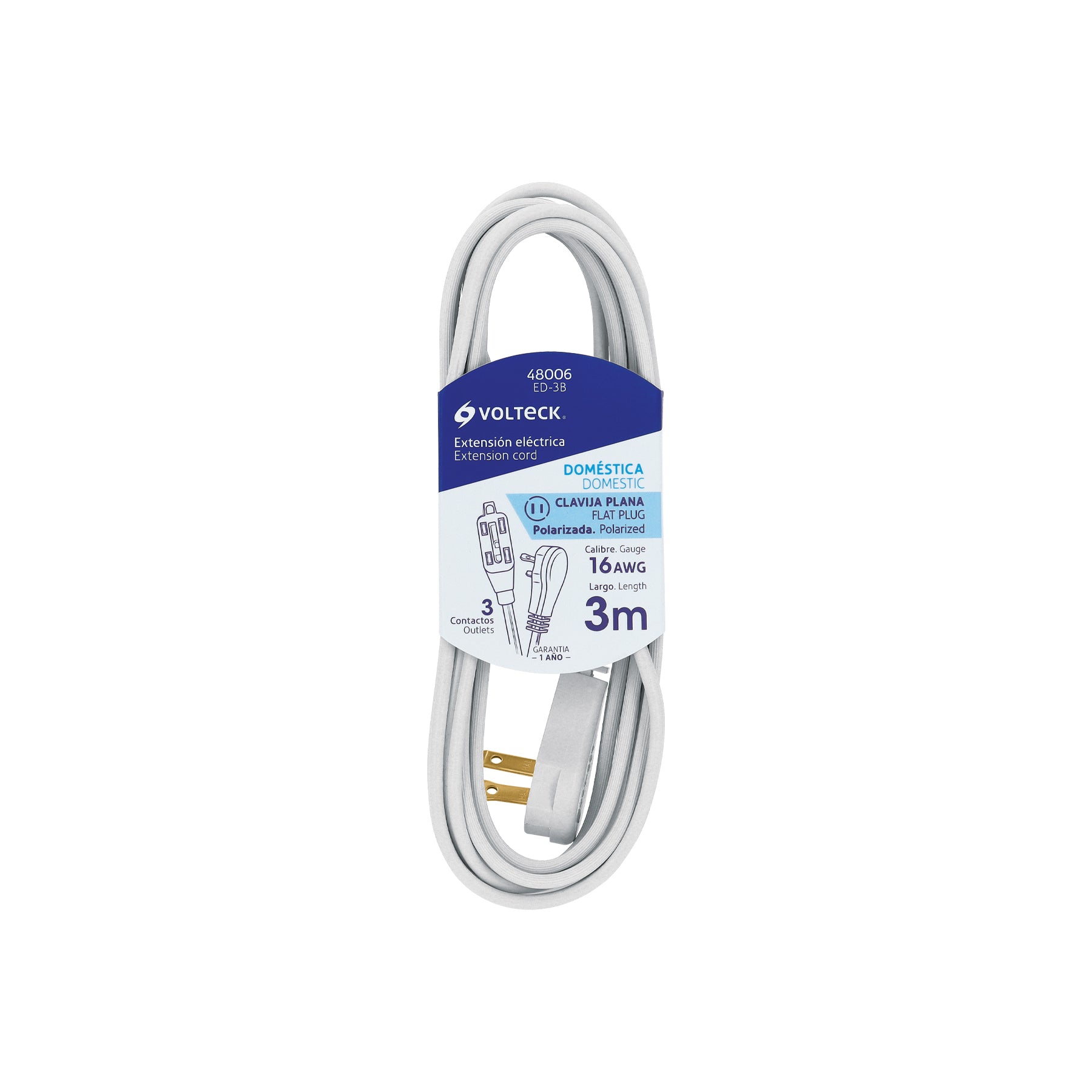 Volteck ED-3B, Extensión eléctrica doméstica, 3 m, blanca