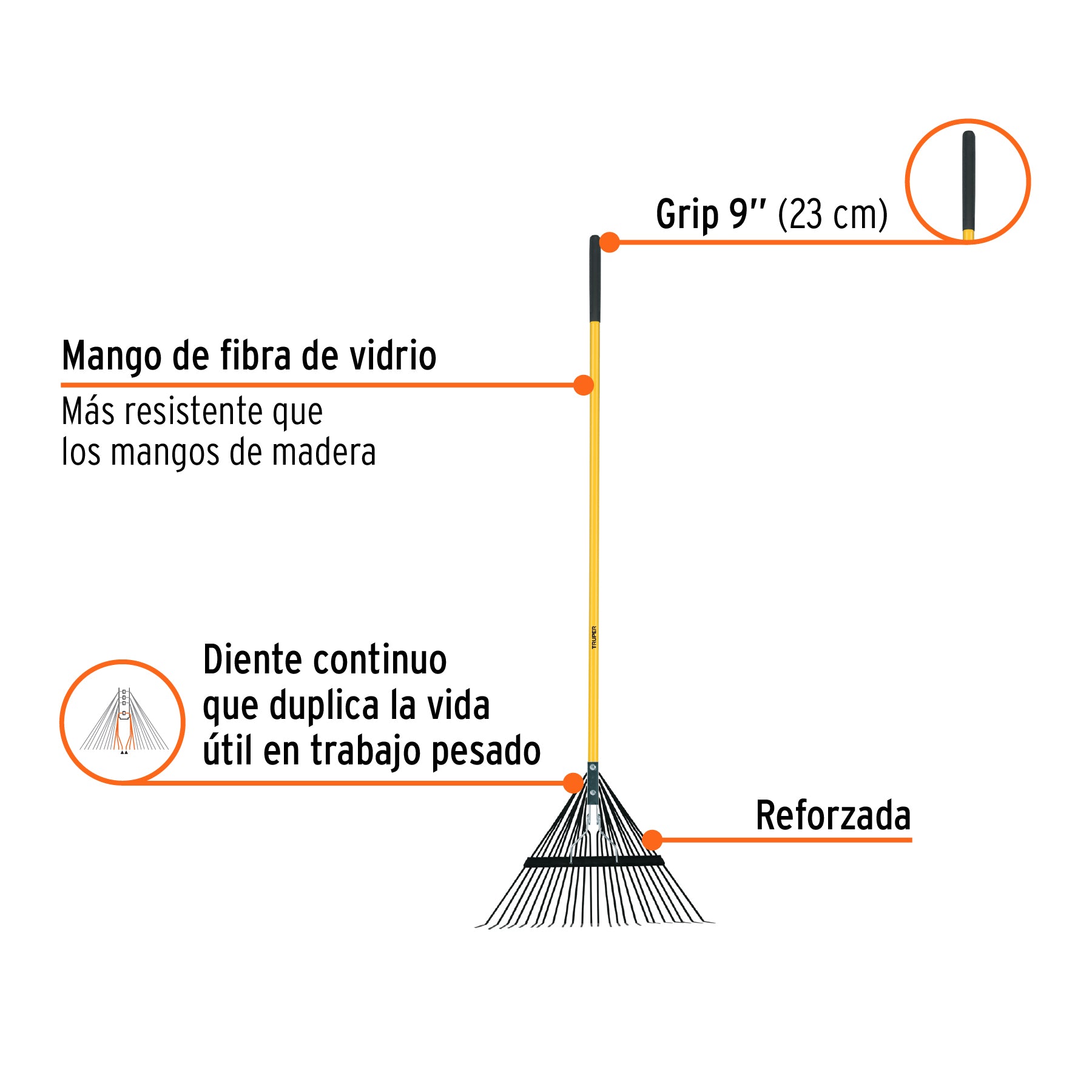 Truper EMX-24, Escoba metálica con 24 dientes, cabeza recta