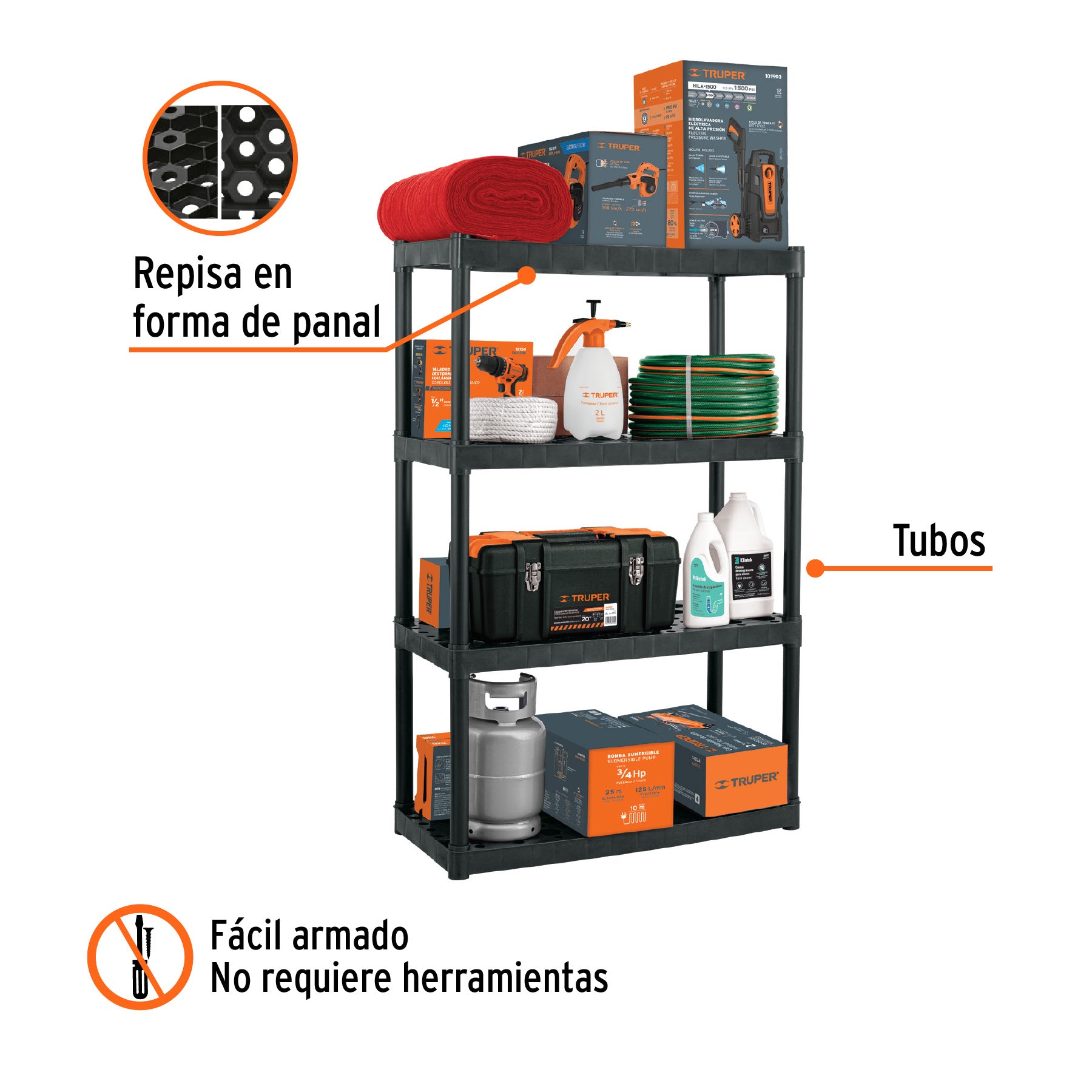 Estante plástico uso rudo 4 rep/cap. 70 Kg, 142x43x91,TRUPER EST-4, Fácil armado, no requiere herramientas
