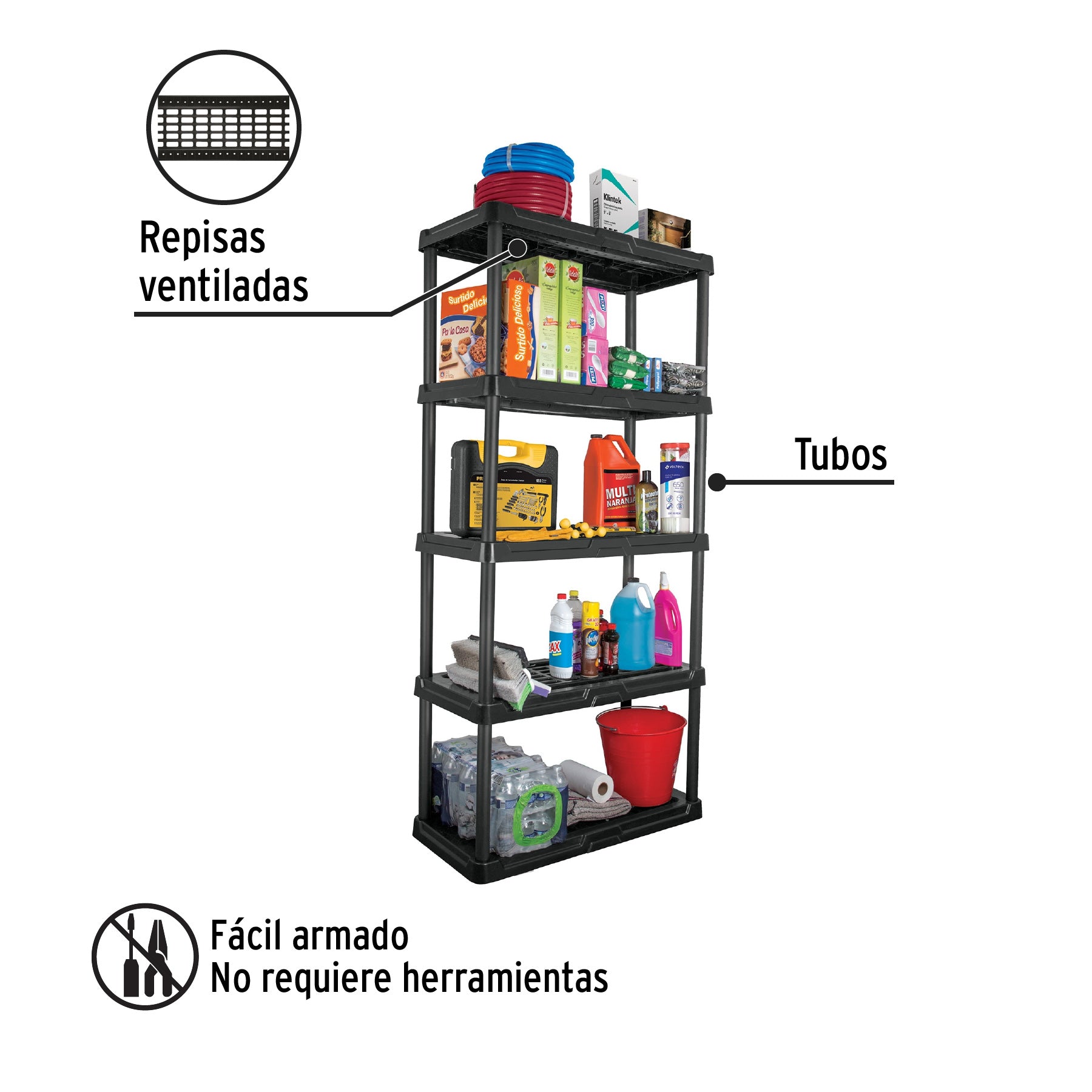 Estante plástico 5 repisas cap. 35 Kg, 180x44x92, PRETUL EST-5P, Fácil armado, no requiere herramienta