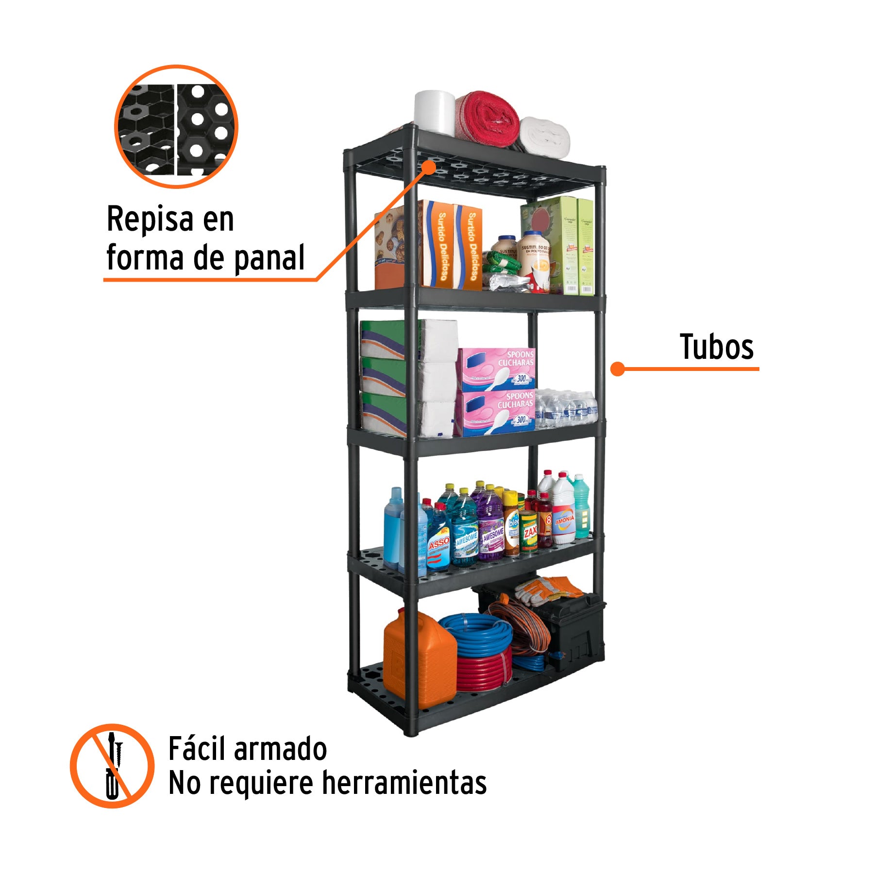 Estante plástico uso rudo 5 rep/cap. 70 Kg, 185x43x91,TRUPER EST-5, Fácil armado, no requiere herramientas
