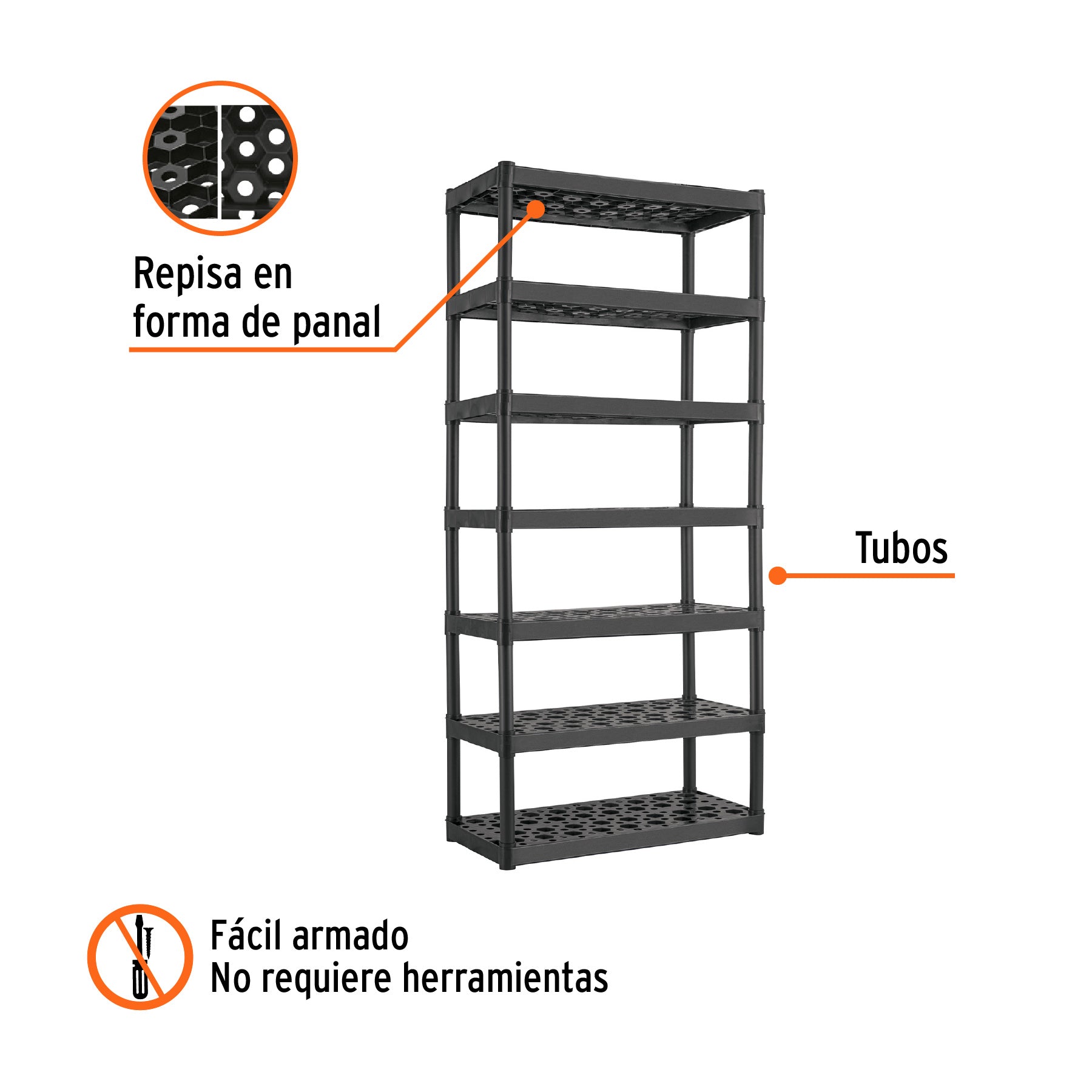 Estante plástico uso rudo 7 rep/cap. 70 Kg, 185x43x91,TRUPER EST-7, Fácil armado, no requiere herramientas