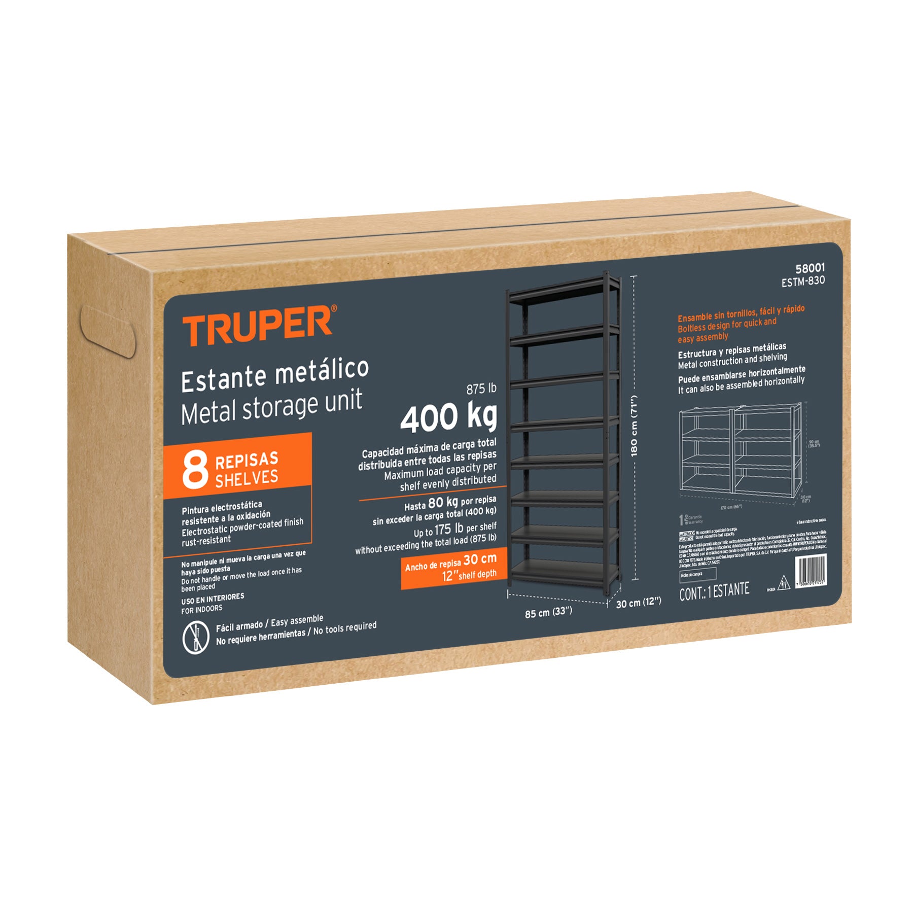 Estante metálico 8 repisas capacidad 80 Kg, 180x30x85, TRUPER ESTM-830, Fácil armado, no requiere herramienta