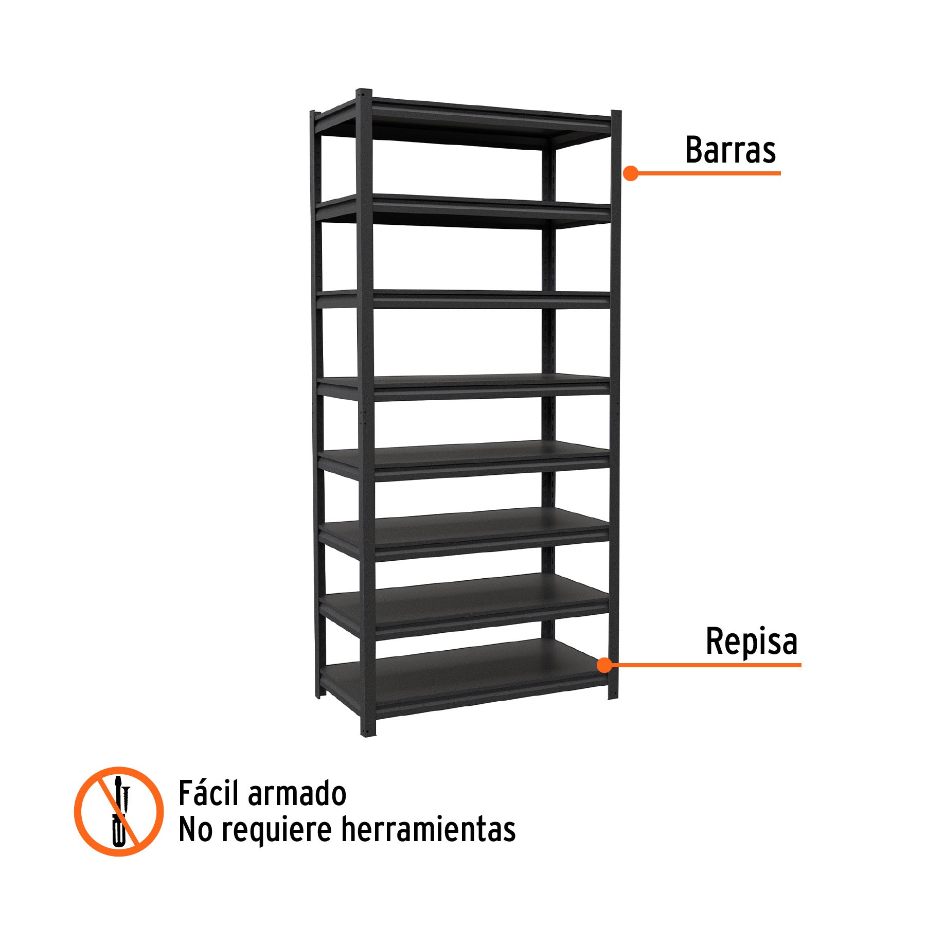 Estante metálico 8 repisas capacidad 80 Kg,180x45x85, TRUPER ESTM-845, Fácil armado, no requiere herramienta