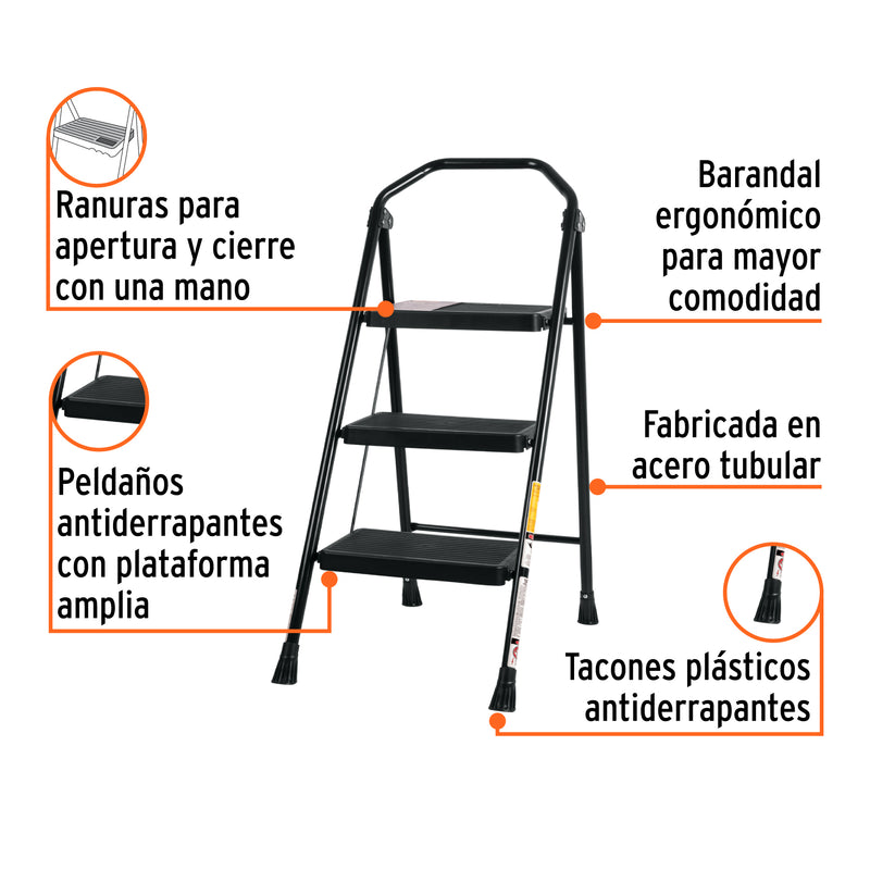Escalera Truper ESTU-3 Tubular Plegable de 3 Peldaños con Plataforma Antiderrapante - Carzamo.com