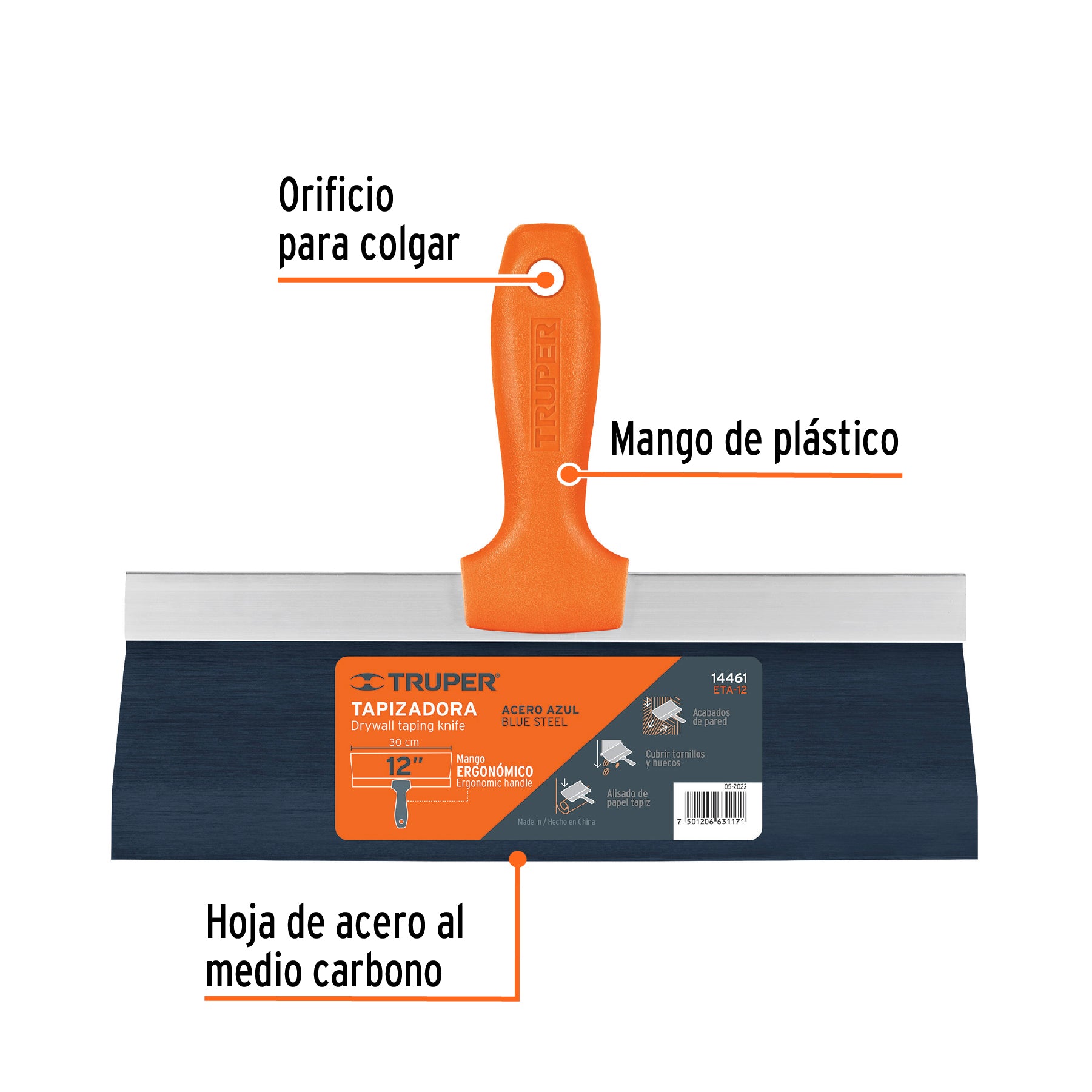 Truper ETA-12, Espátula tapizadora, hoja flexible fabricada en acero al alto carbono, 12″