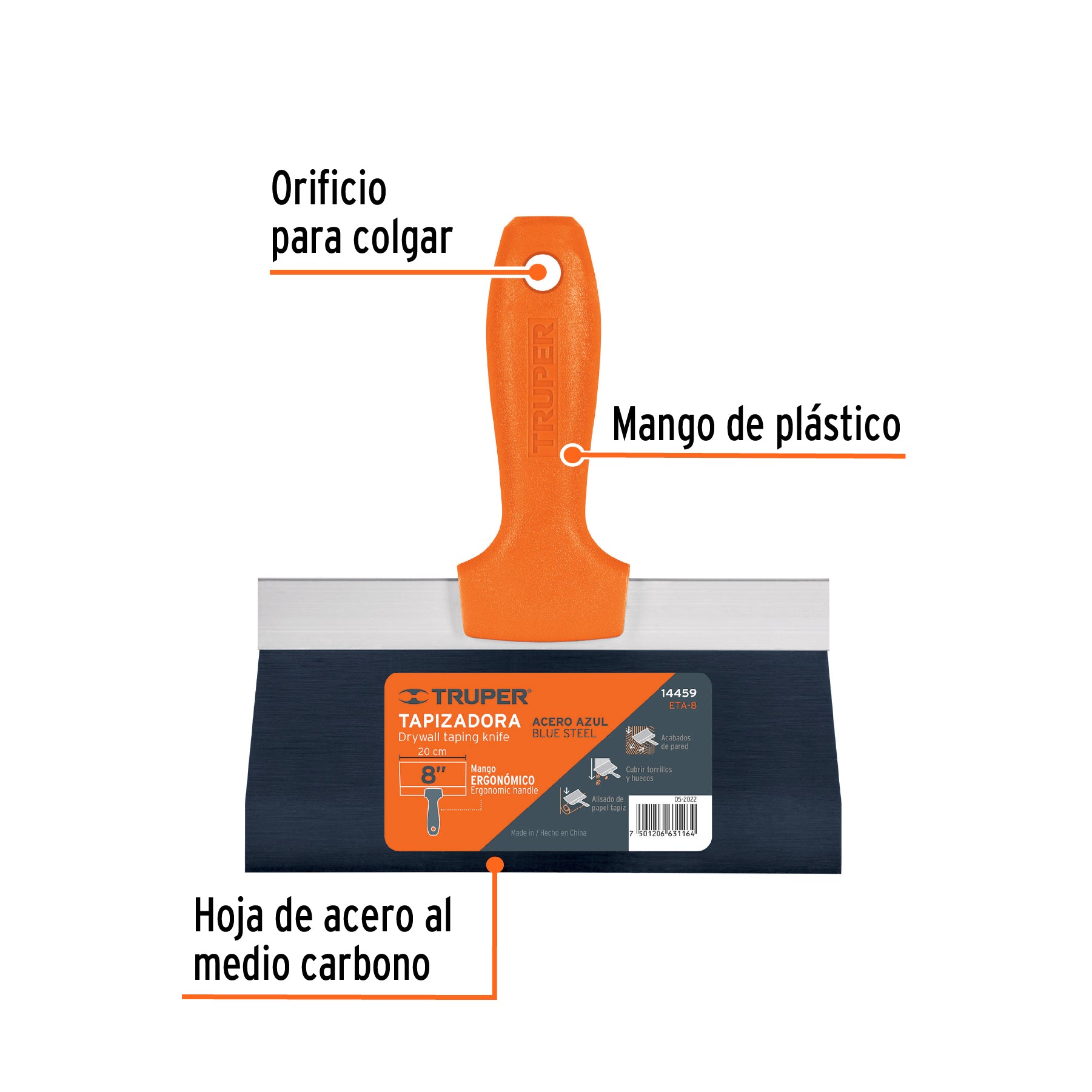 Truper ETA-8, Espátula tapizadora, hoja flexible fabricada en acero al alto carbono, 8″