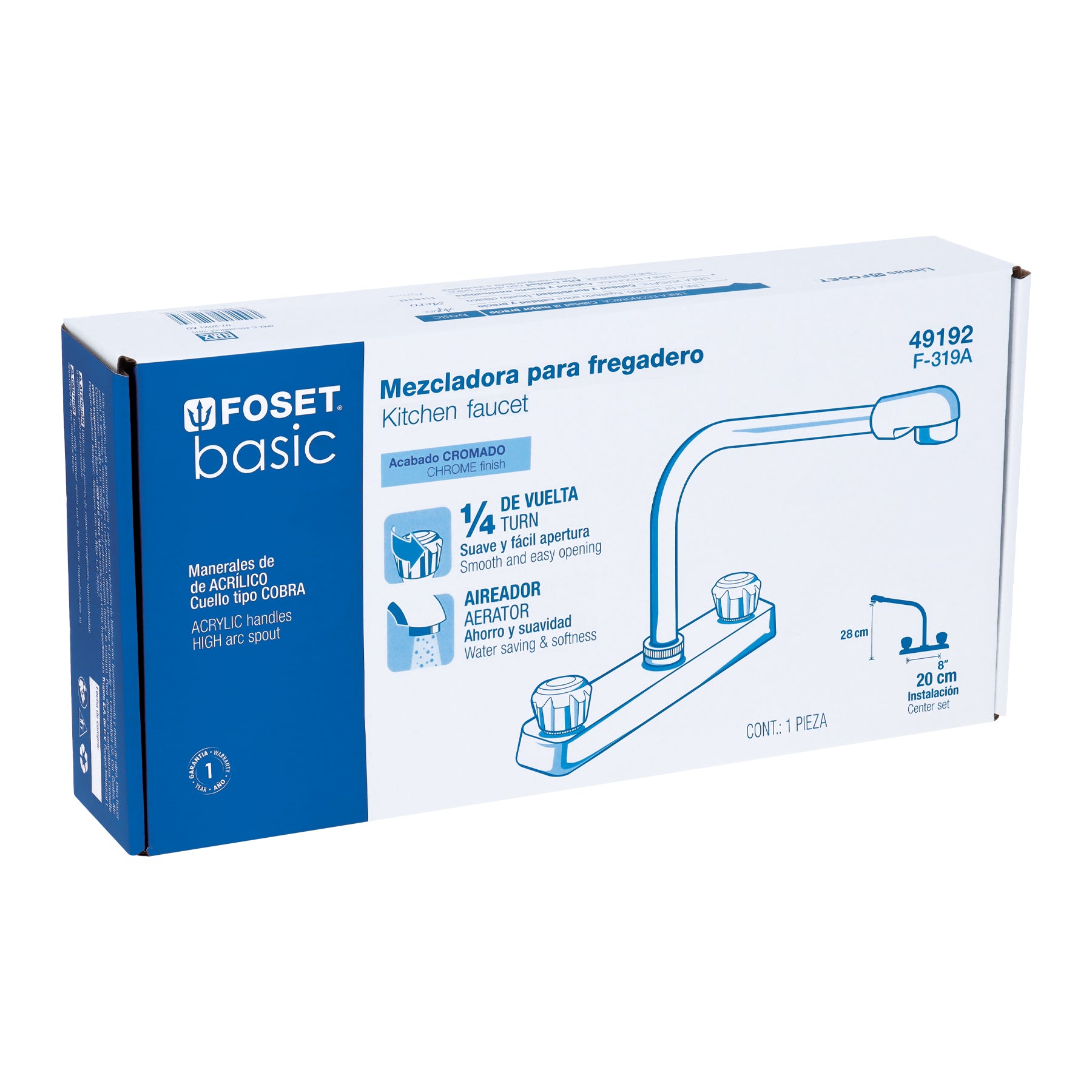 Foset Basic F-319A, Mezcladora fregadero, cuello tipo cobra, manerales acrílico