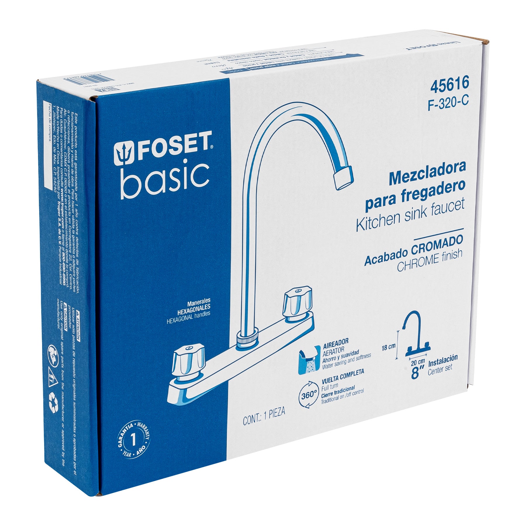 Foset Basic F-320-C Mezcladora p/fregadero, hexagonal, curvo, compresión,Basic