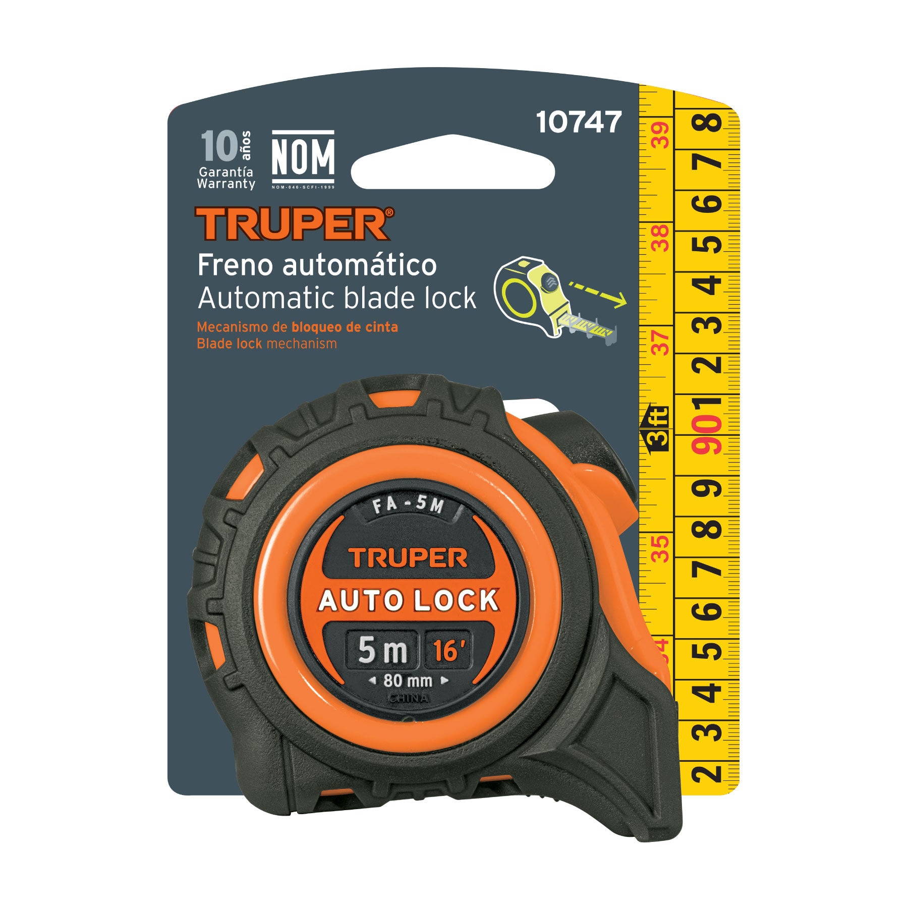 Truper FA-5M, Flexómetro Auto-Lock contra impactos 5 m cinta 19 mm
