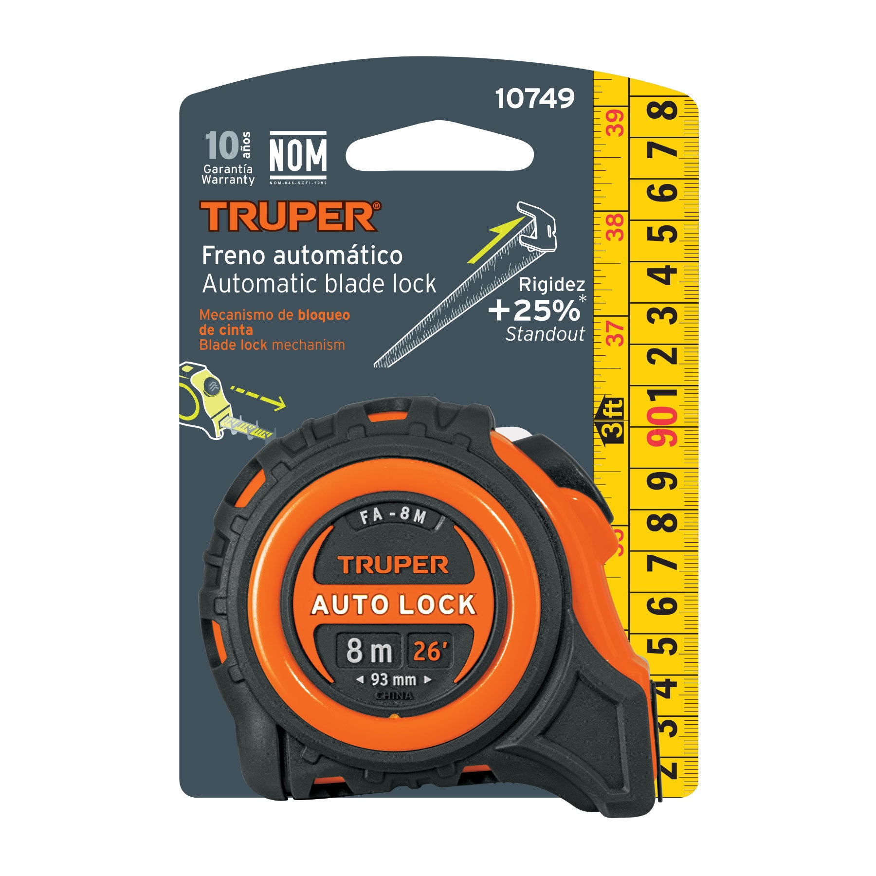 Flexómetro Auto-Lock contra impactos 8 m cinta 25 mm, TRUPER FA-8M