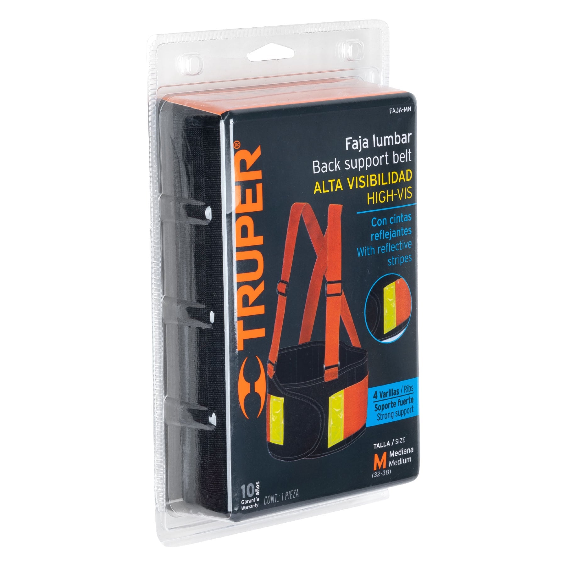 Truper FAJA-MN, Faja lumbar de alta visibilidad c/reflejantes, naranja, M