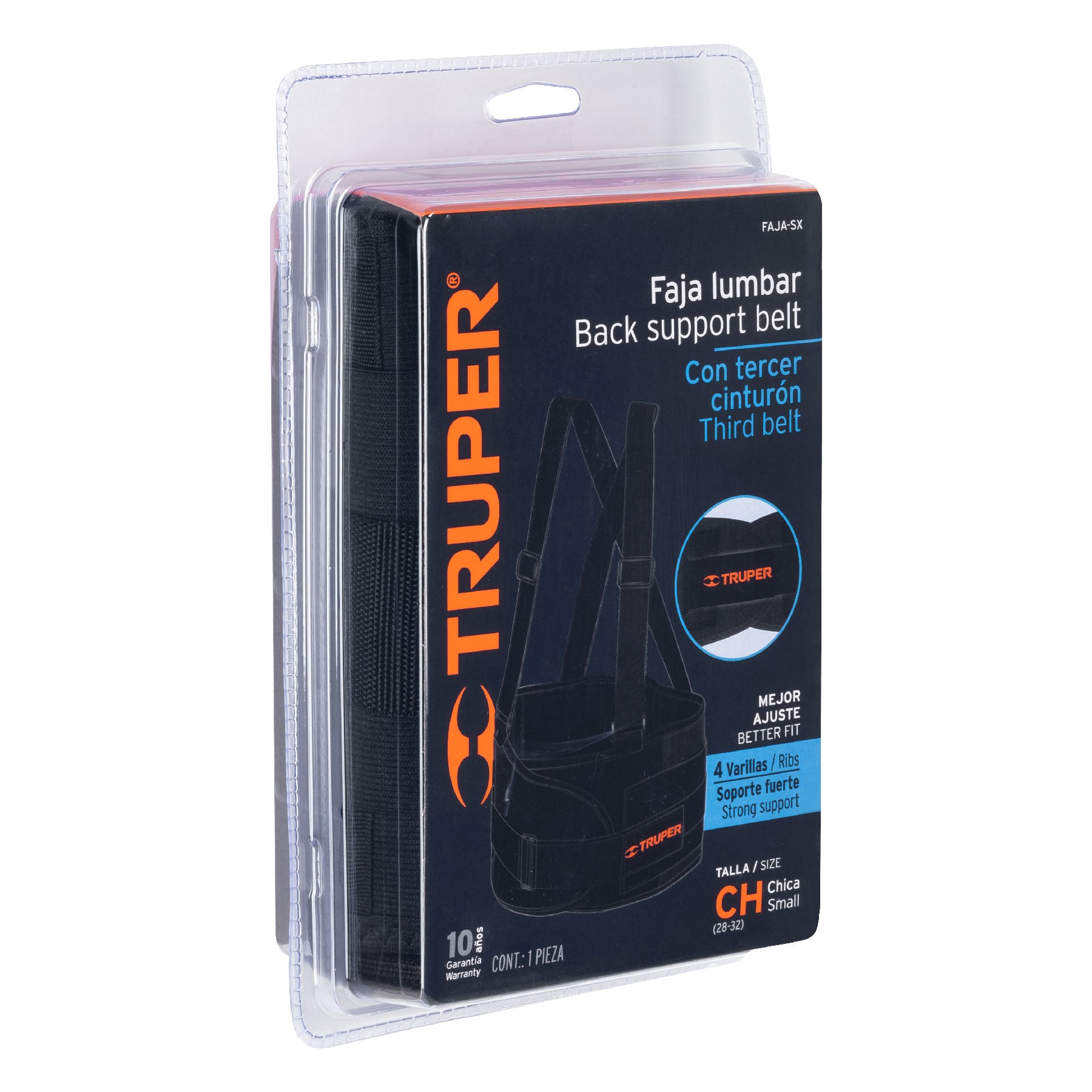 Truper FAJA-SX, Faja con tirantes ajustables, tercer cinturón, talla chica